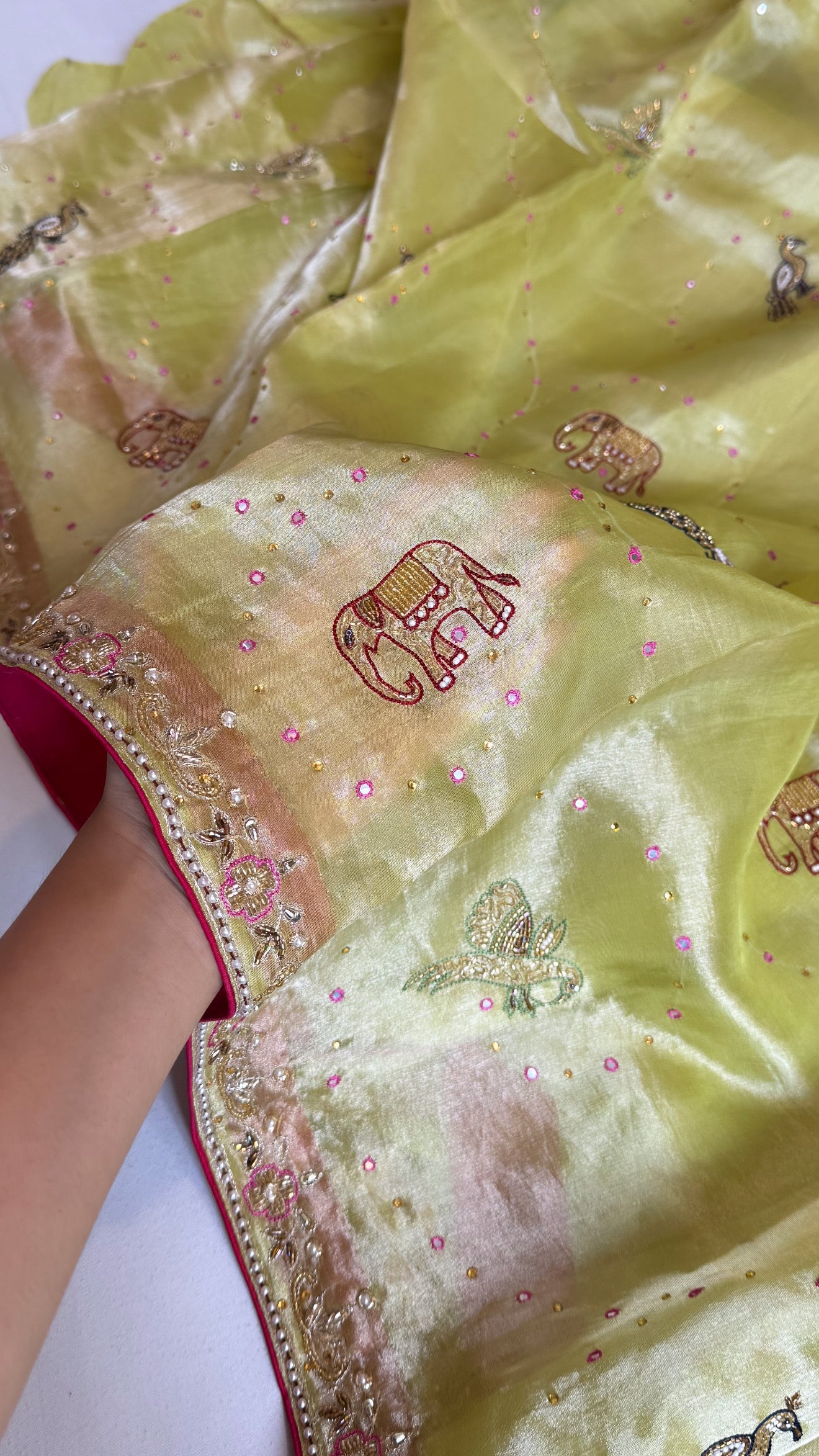 Lime yellow shikarbagh edit tissue silk kadhwa hand embroidered saree