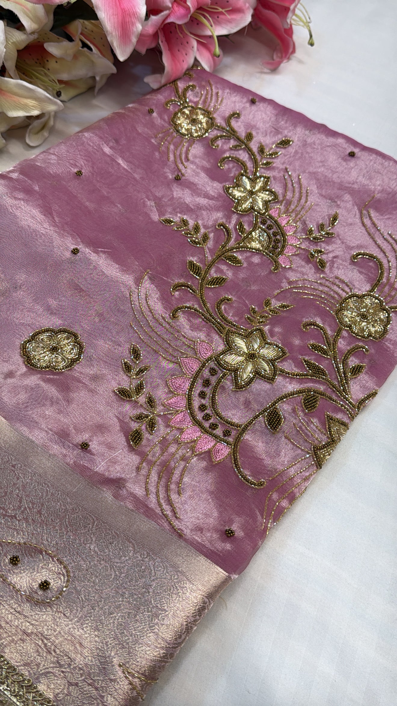 Blush metallic pink tissue silk hand embroidered kadhwa saree