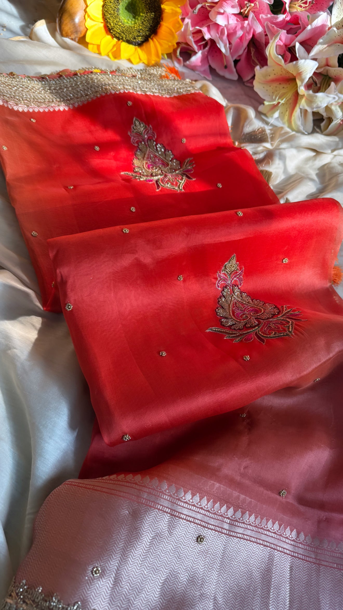 Dulhan ka pitara - Shades of chuski orange tissue silk hand embroidered saree