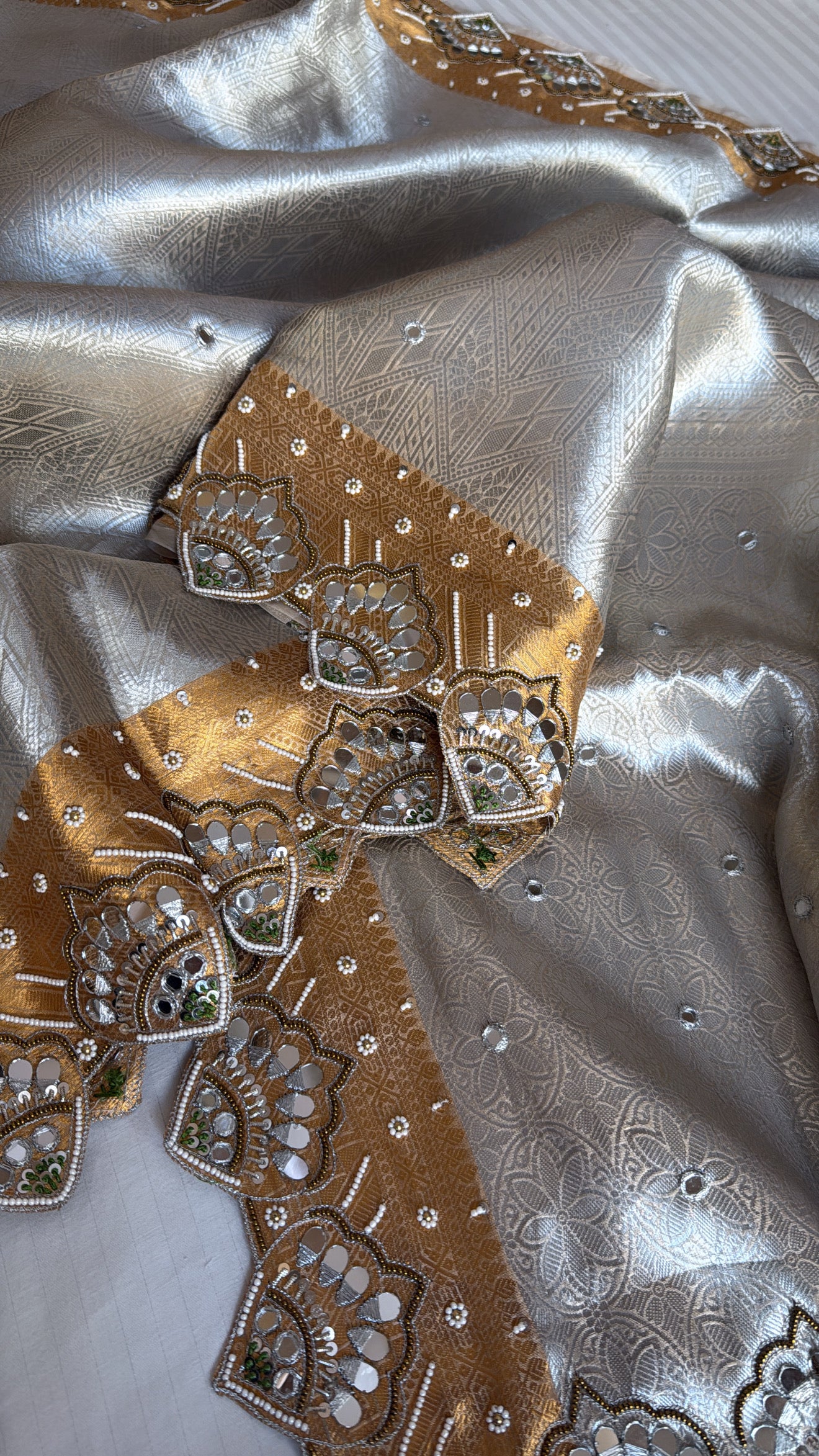 Kanjivaram inspired banarasi tissue silk sona rupa weaving zardozi and mirror work hand embroidered saree