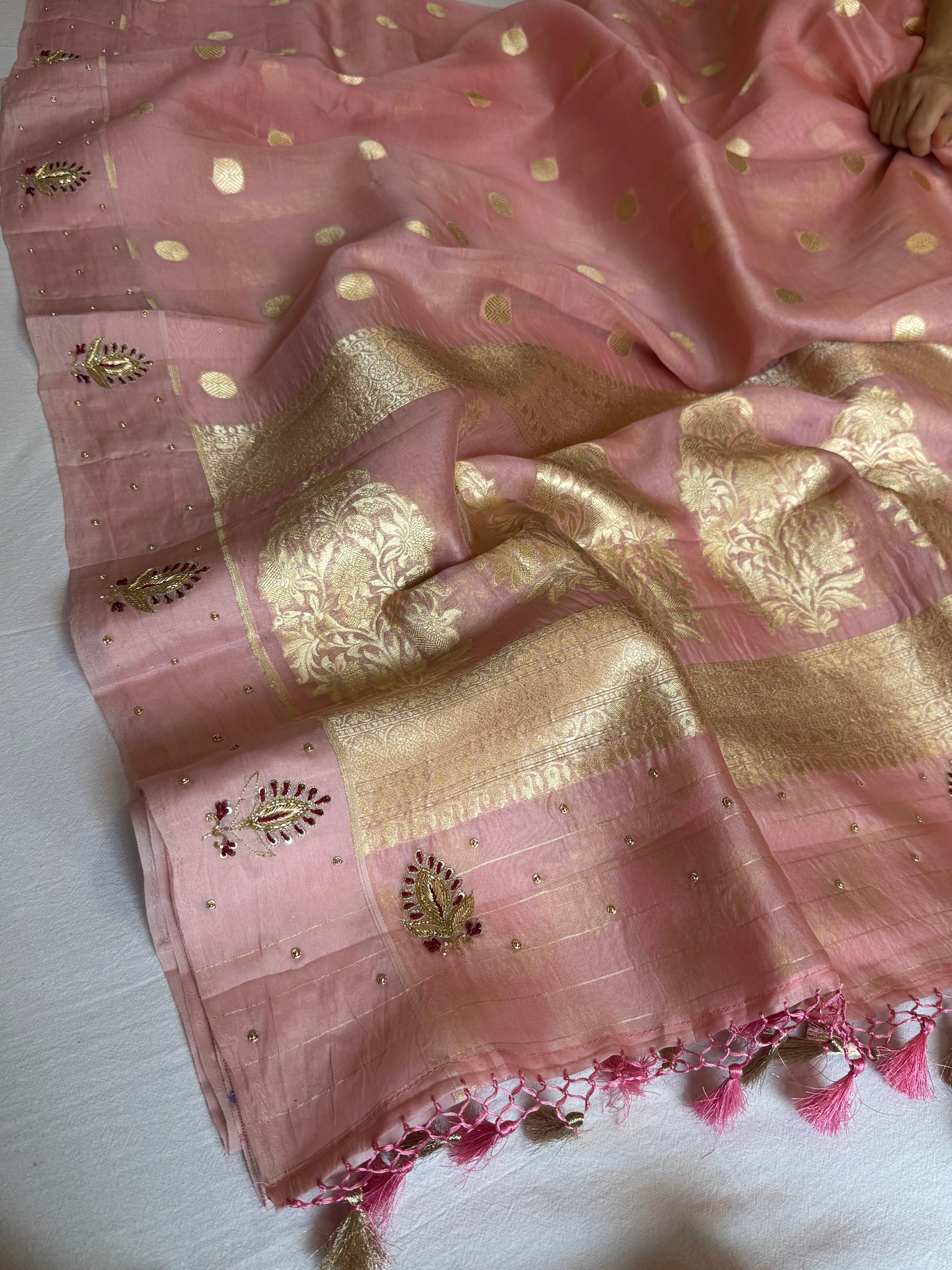 Blush pink banarasi kora silk hand embroidered kadhwa saree