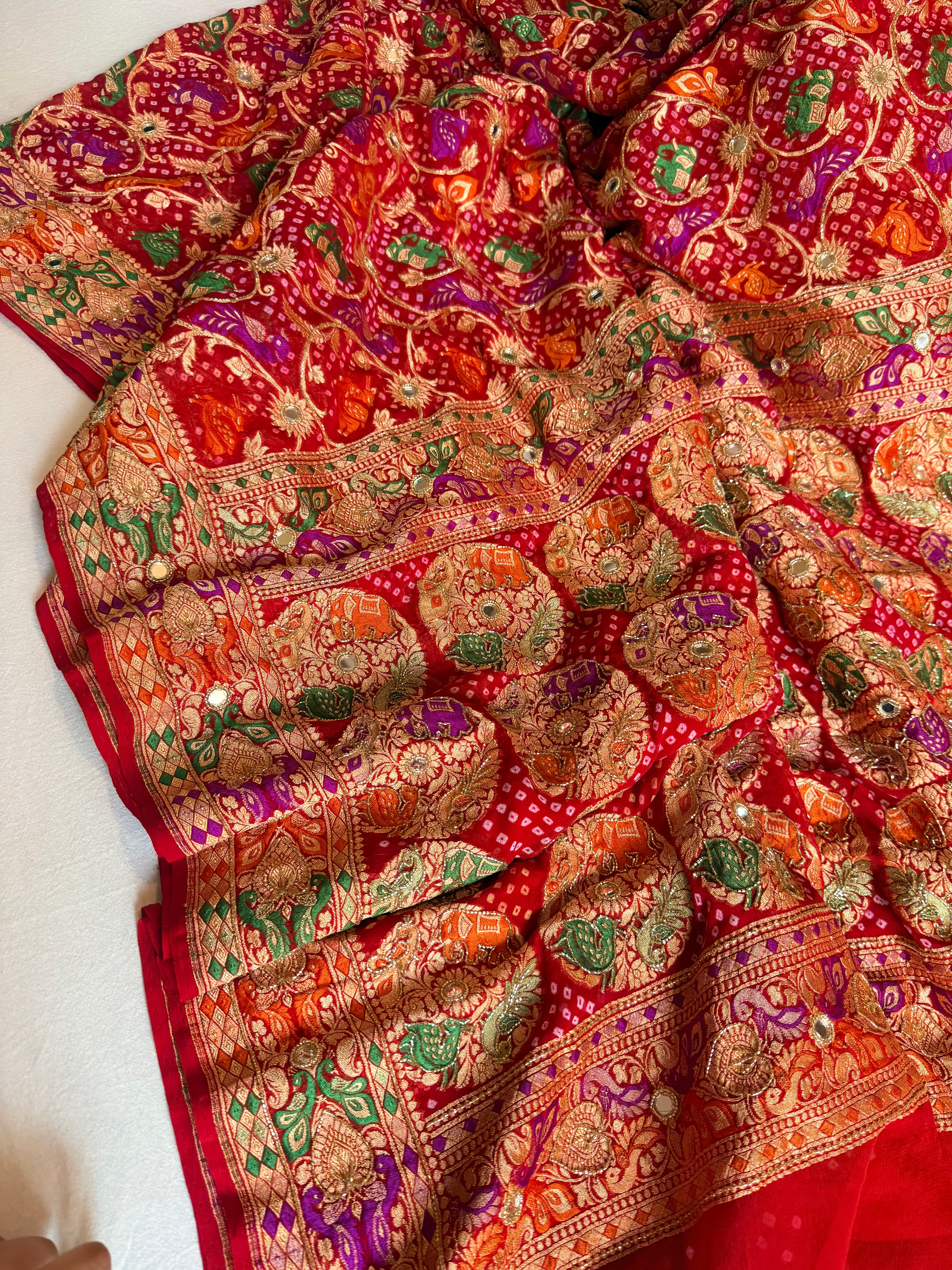 Banarasi chiffon gorgette rai bandhej kadhwa weaving hand embroidered saree