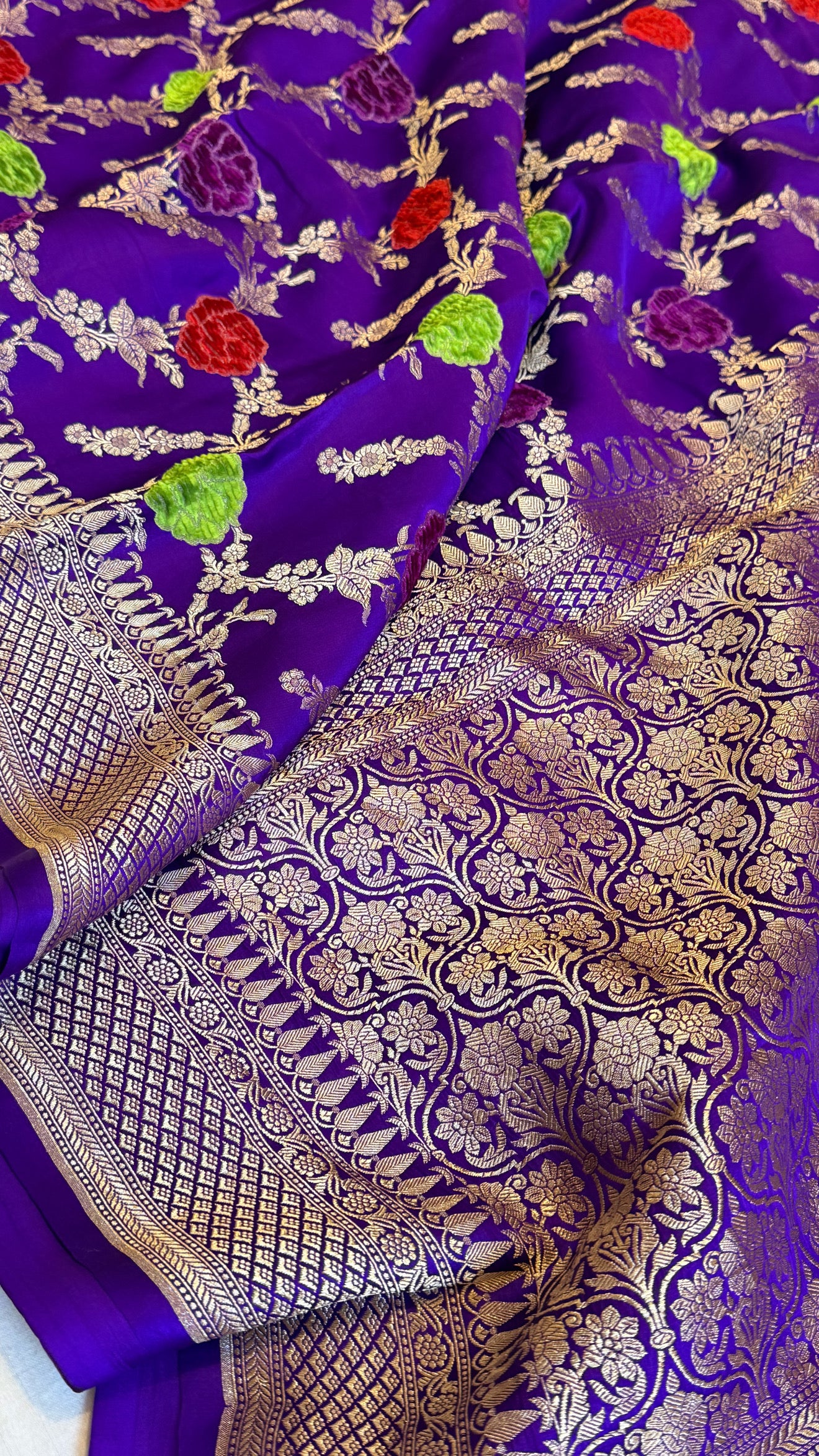 Deep purple banarasi mashru silk velvet buti kadhwa weaving saree