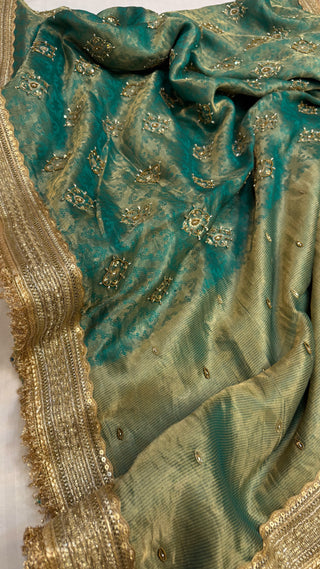 Cocktail wali saree - Teal green tissue silk heavy hand embroidered saree