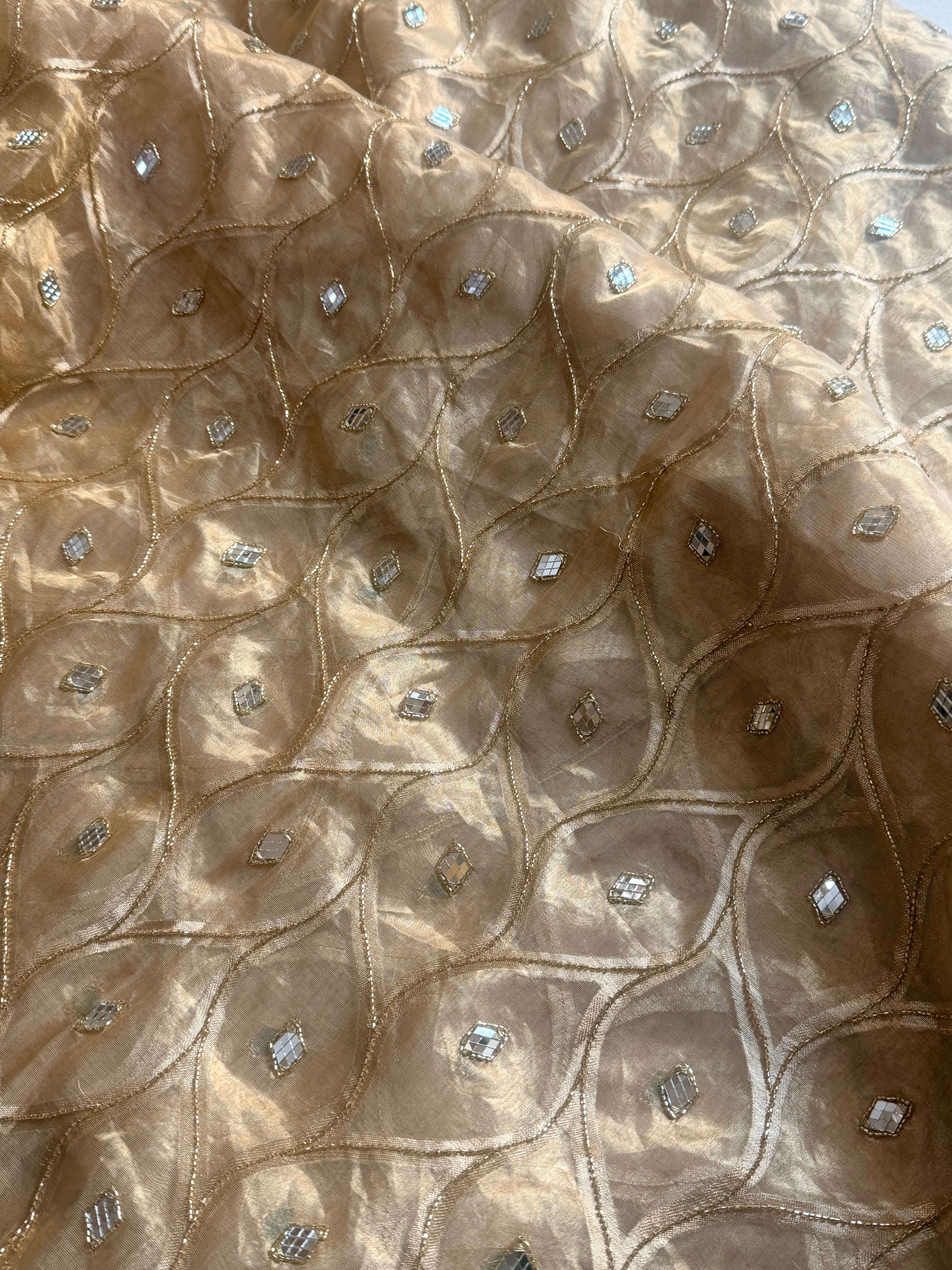 Butter gold tissue silk mirror work hand embroidered kadhwa saree