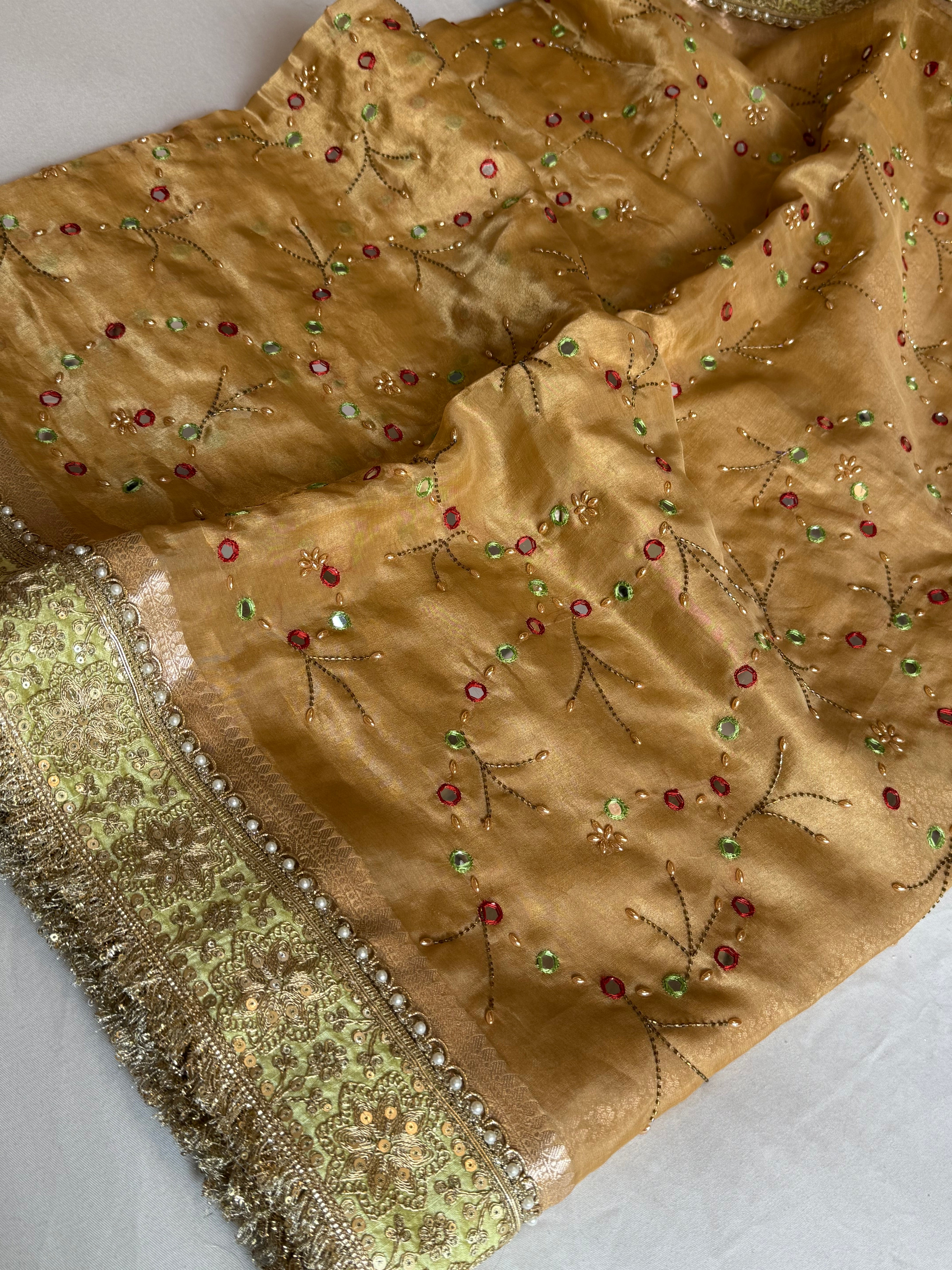 Sheesham edit - Heavy double tissue silk mirror work hand embroidered saree