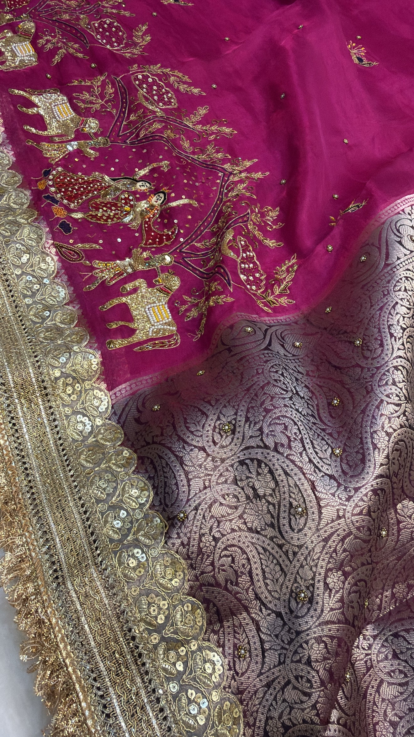 Hot pink rasleela tissue silk hand embroidered kadhwa saree