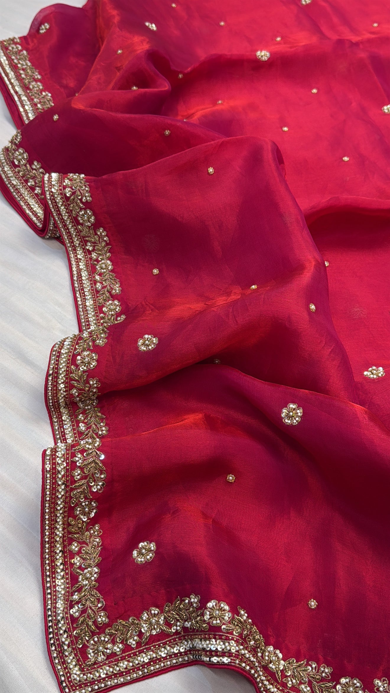 Dhup chao effect red rani tissue silk zardozi hand embroidered banarasi saree