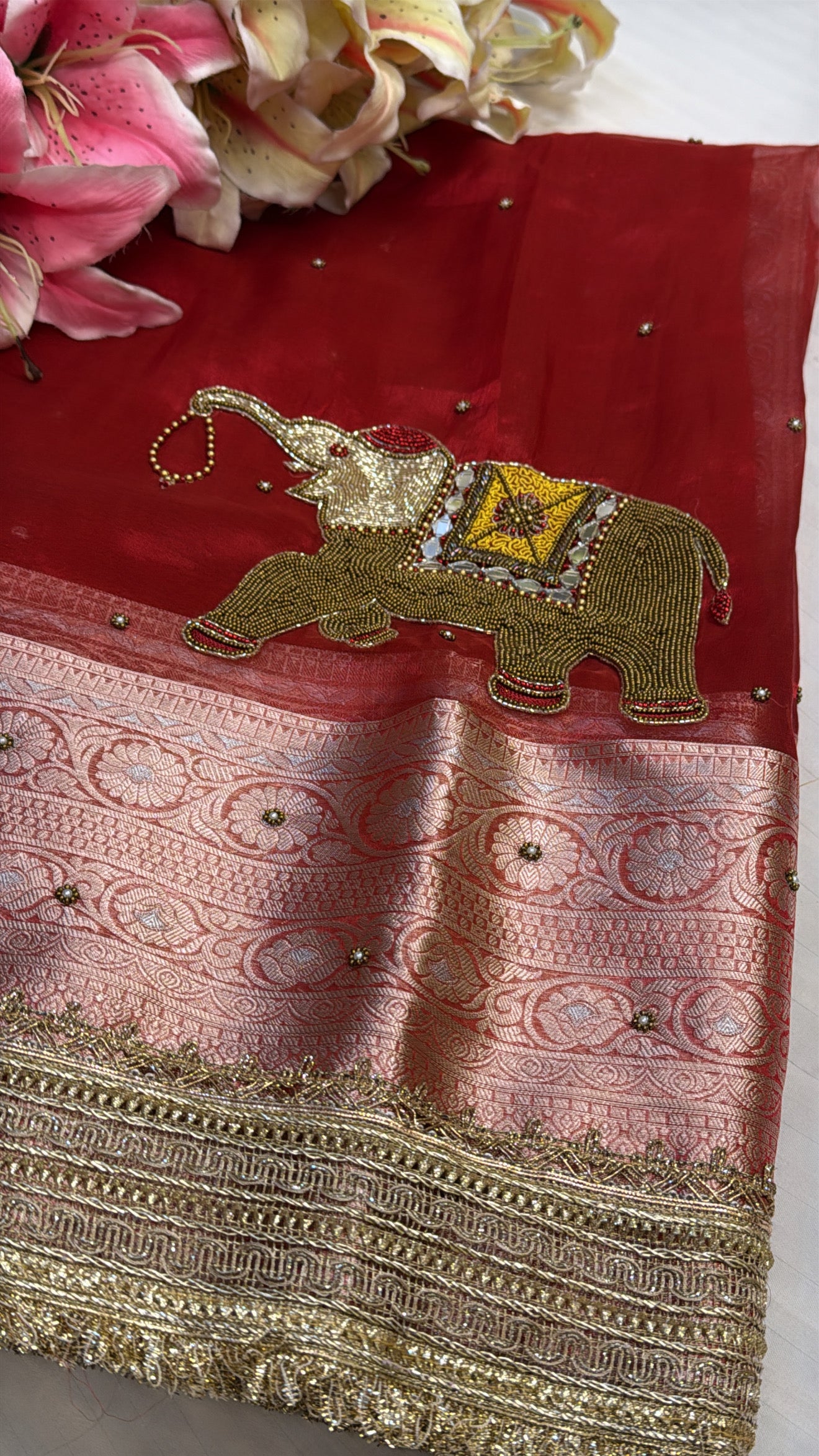 Red special - Husn hot red tissue silk elephant motif hand embroidered saree