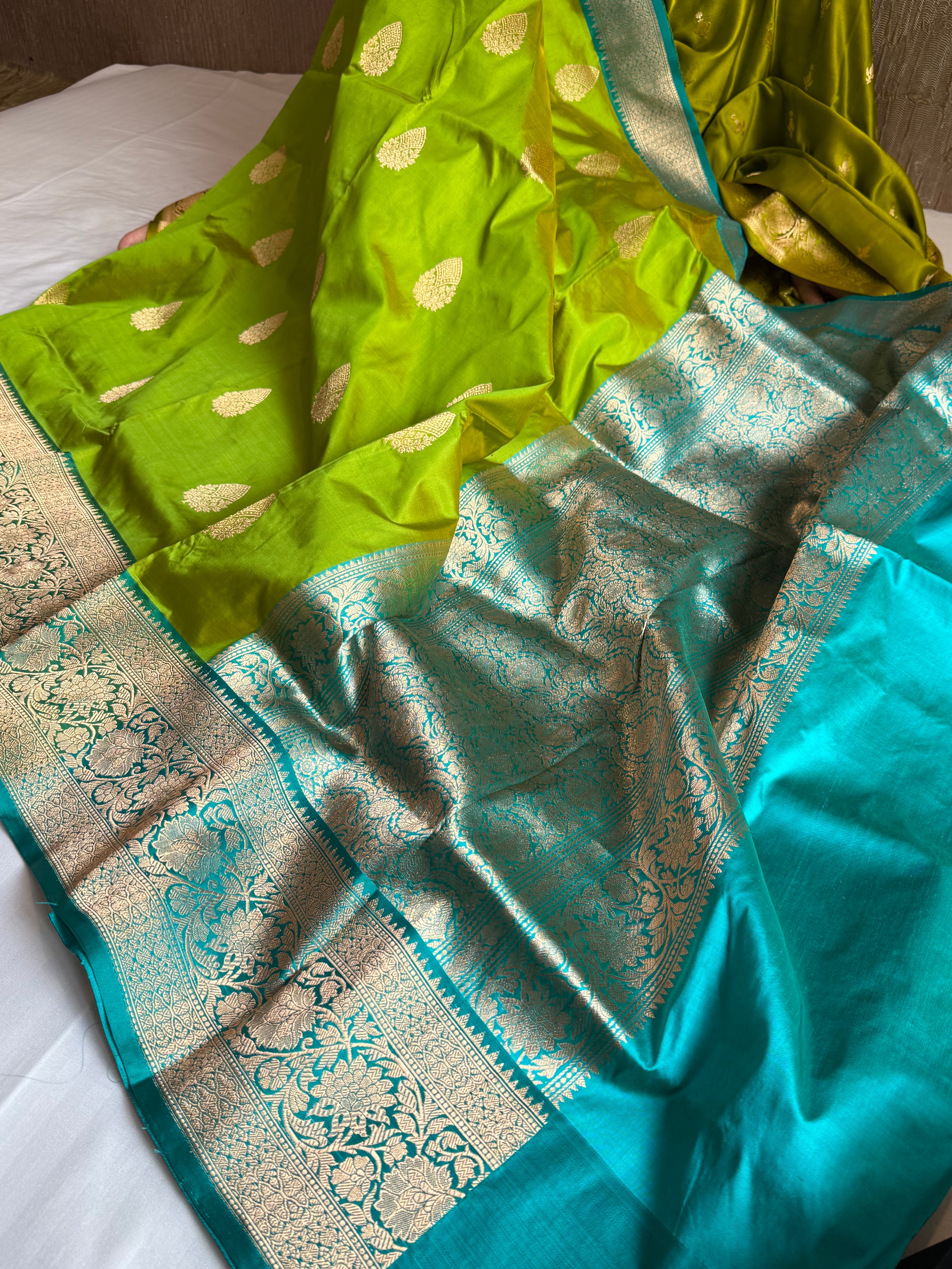 Grass green-firozi blue contrast combination katan silk kadhwa saree