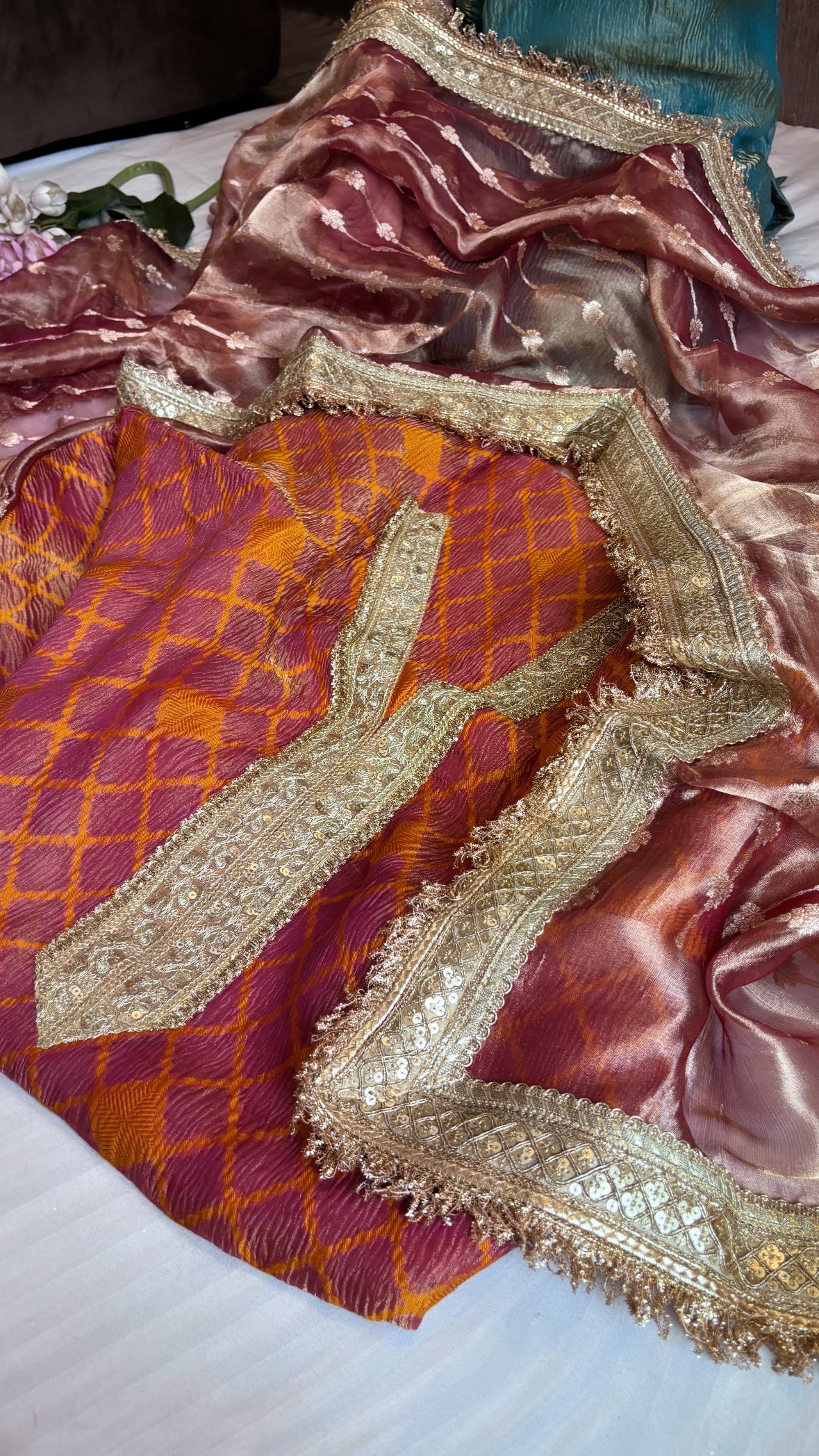 Garnet red heeramandi crushed tissue silk suit set