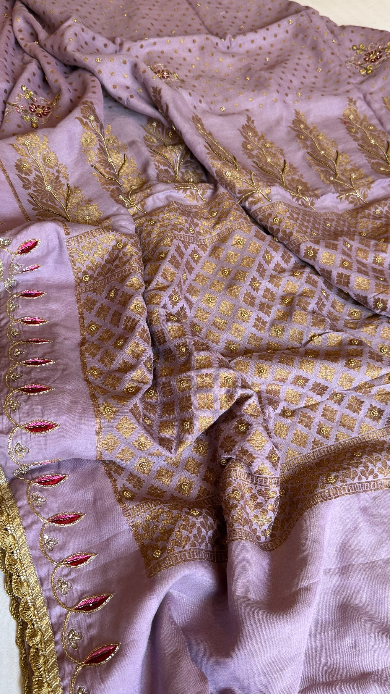 Dusty lilac moonga silk antique zari hand embroidered kadhwa saree