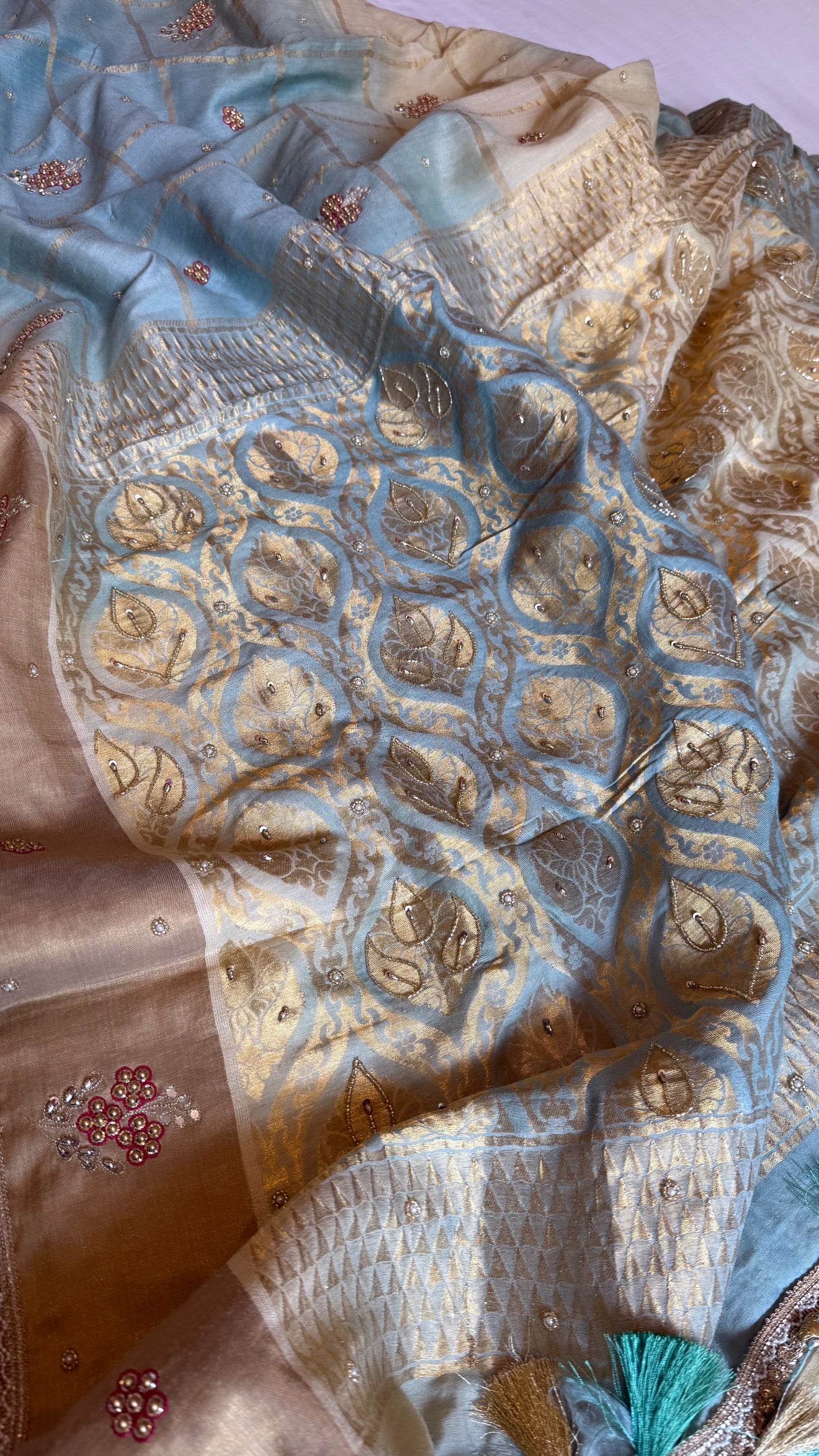 Ice blue ombre shaded moonga tussar silk kadhwa hand embroidered saree