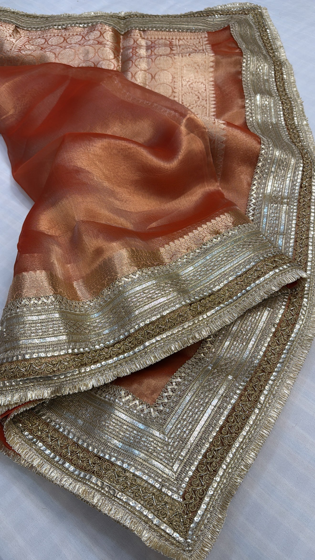Maharani tomato red tissue silk kadhwa gotapatti saree