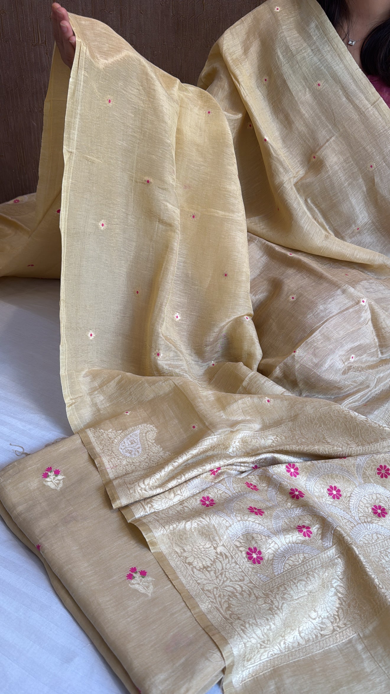 Soft beige linen gorgette kadhwa meenakari suit set