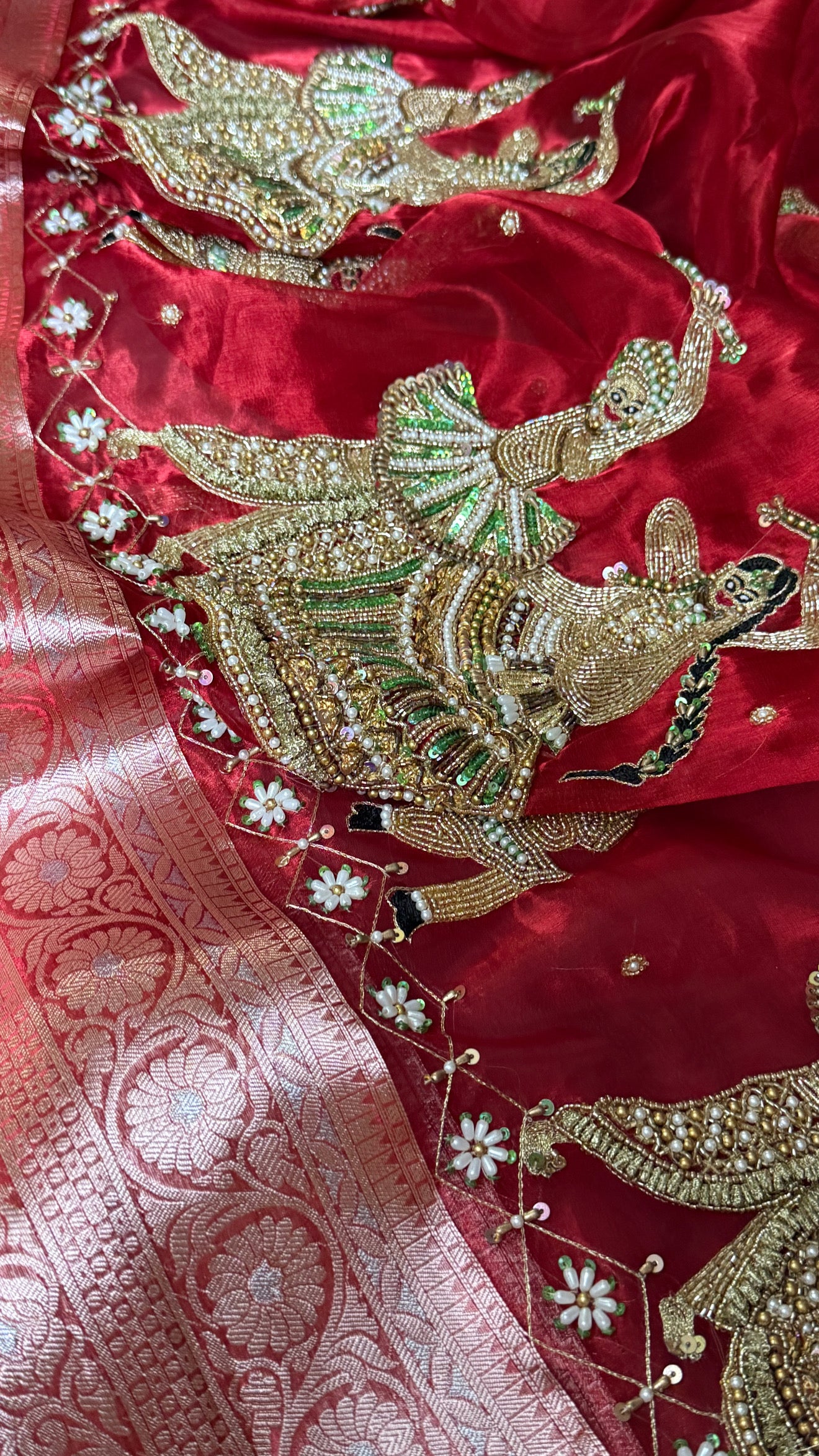 Dandiya wali laal saree - blood red garba theme hand embroidered kadhwa tissue silk saree