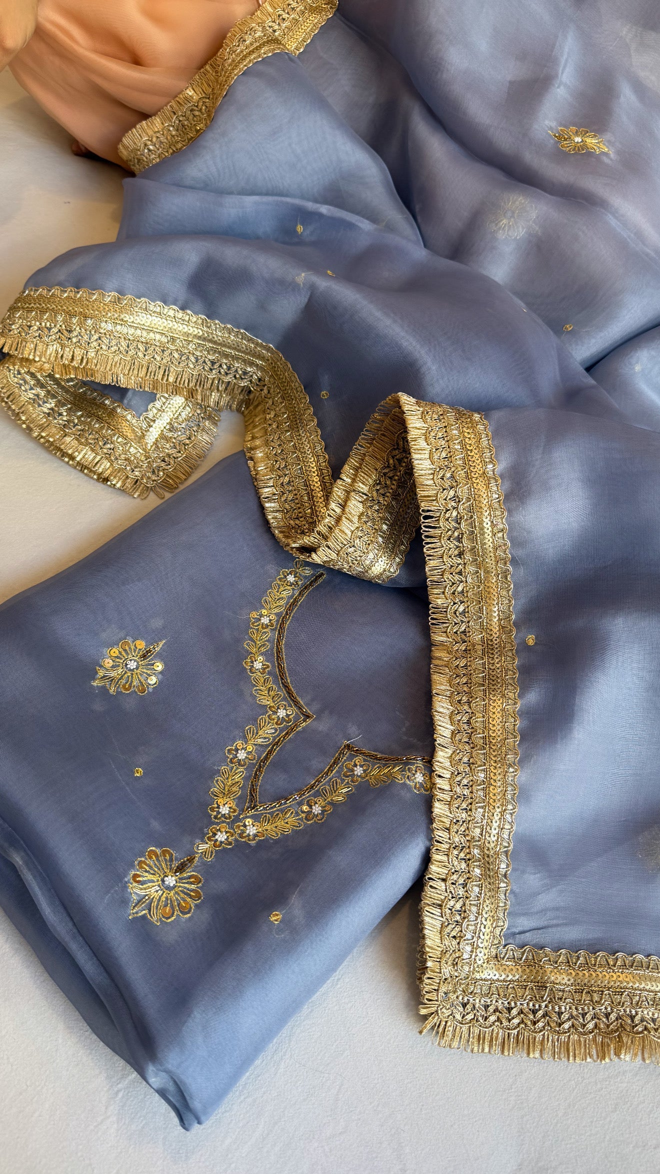 Aari and tilli hand embroidered kora silk marine blue kadhwa suit set