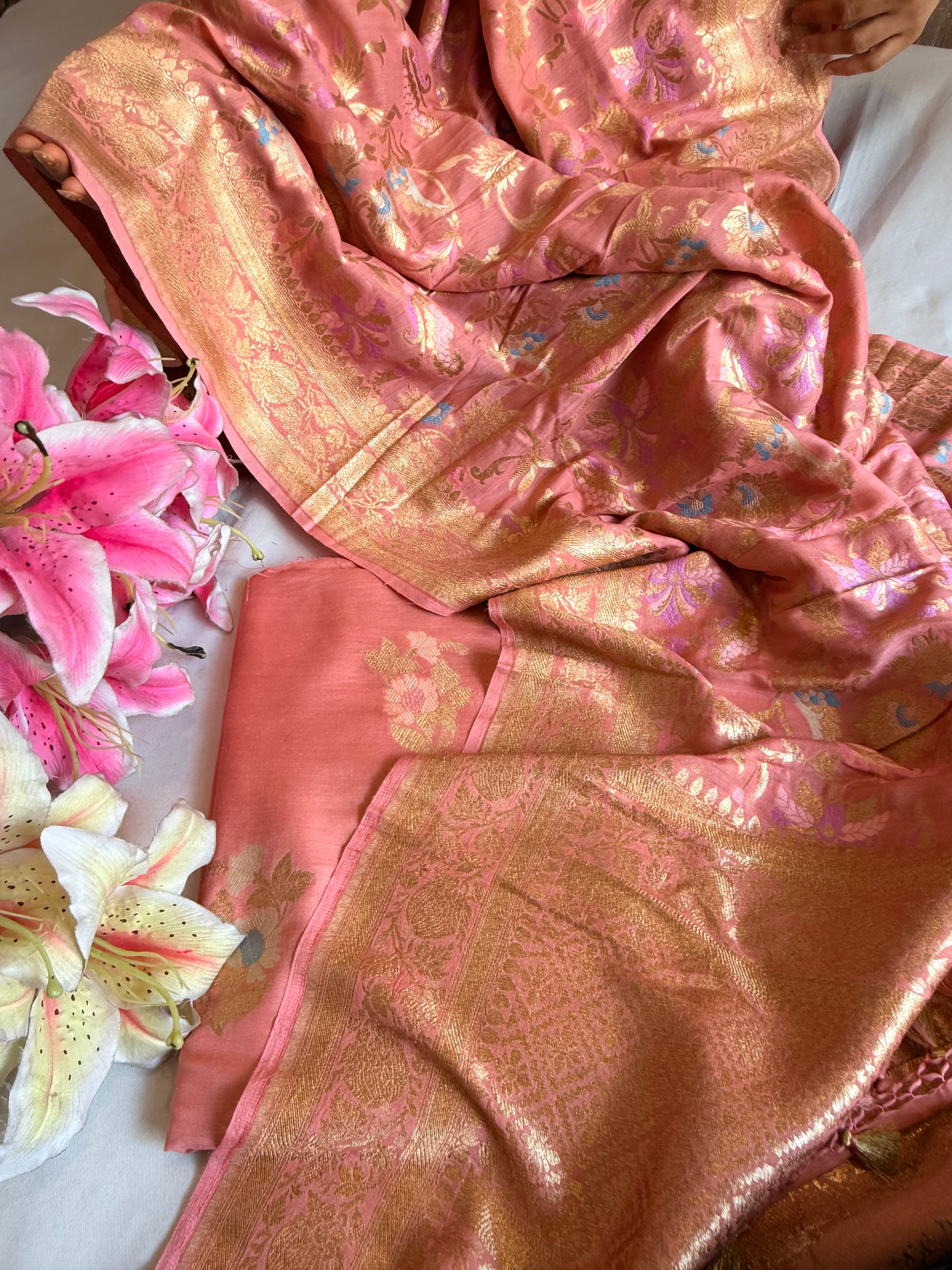 Banarasi blush peach moonga silk kadhwa meenakari suit set