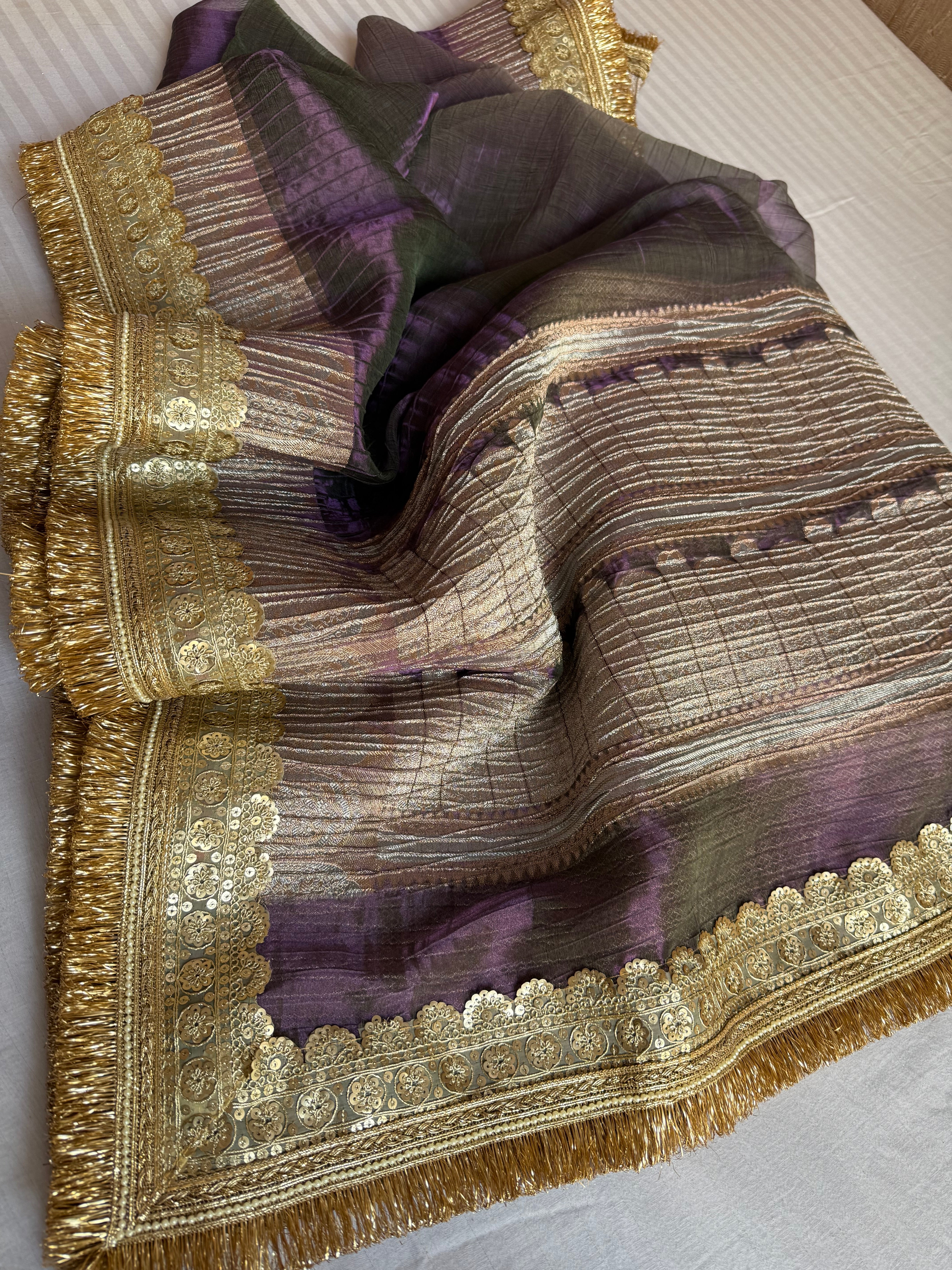 Space purple dhup chao effect pleated maharani tissue silk saree