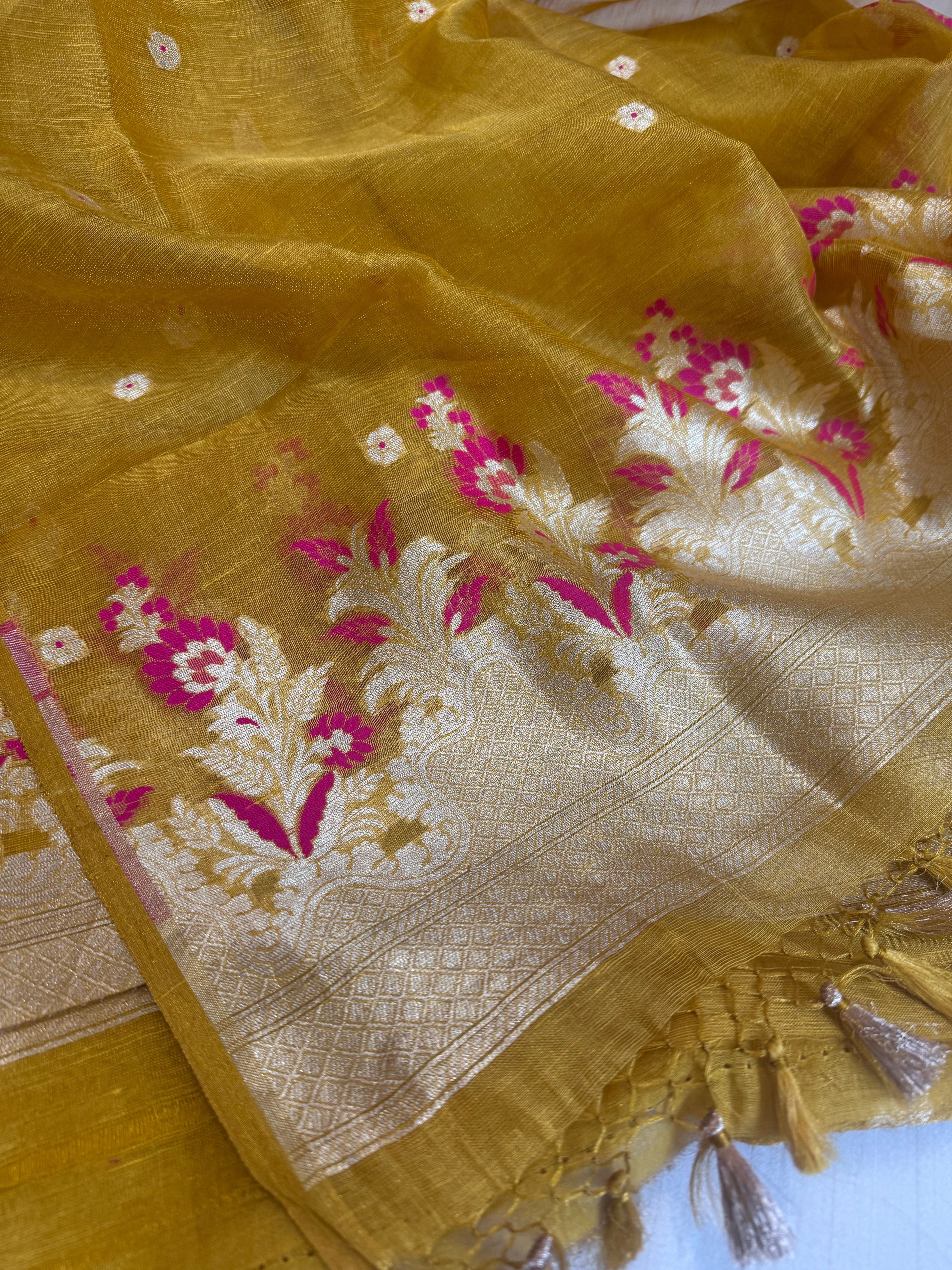 Linen tissue haldi gold meenakari kadhwa buti suit sets