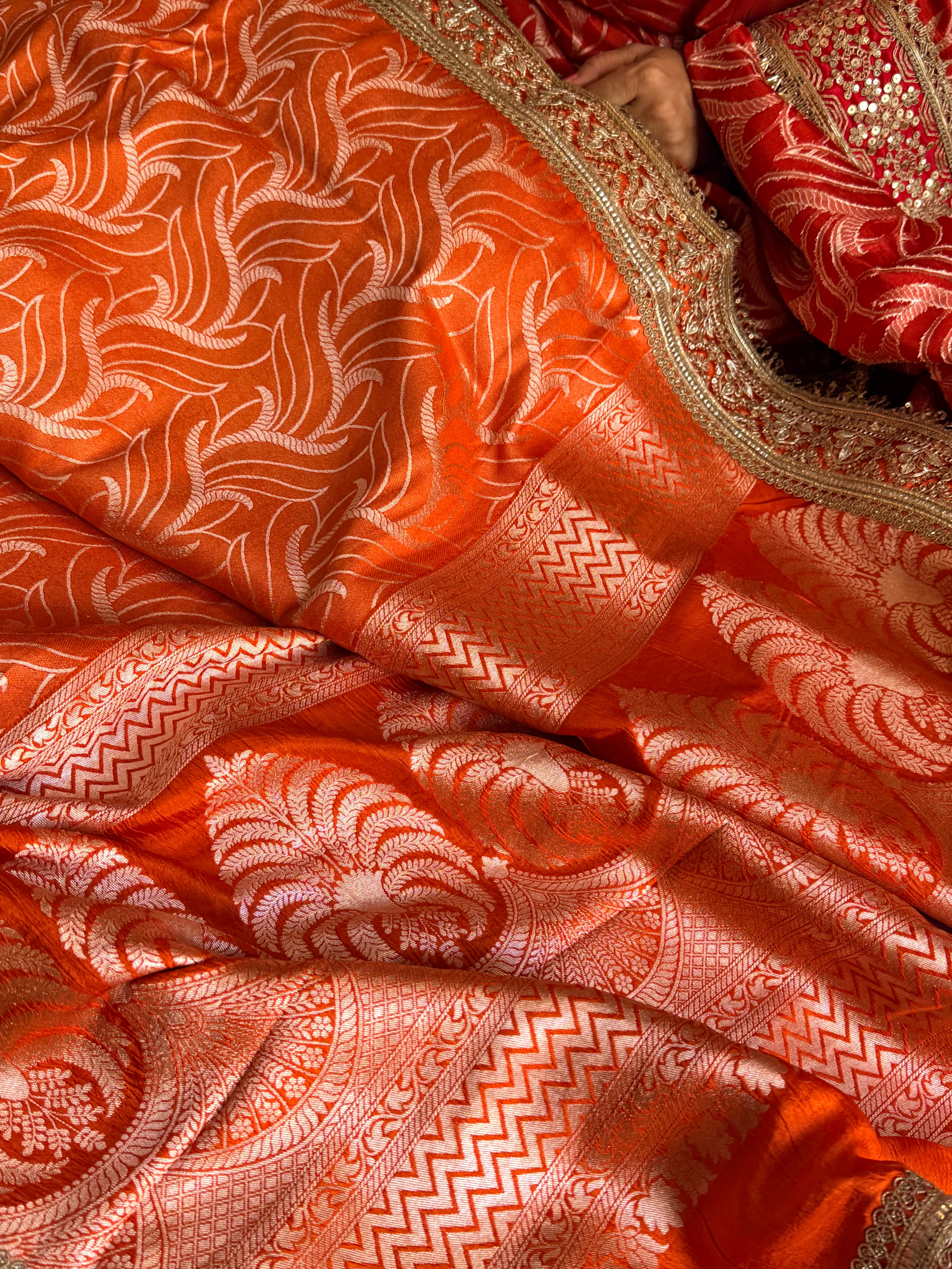 Fanta orange raw mango silk abstract weaving kadhwa saree