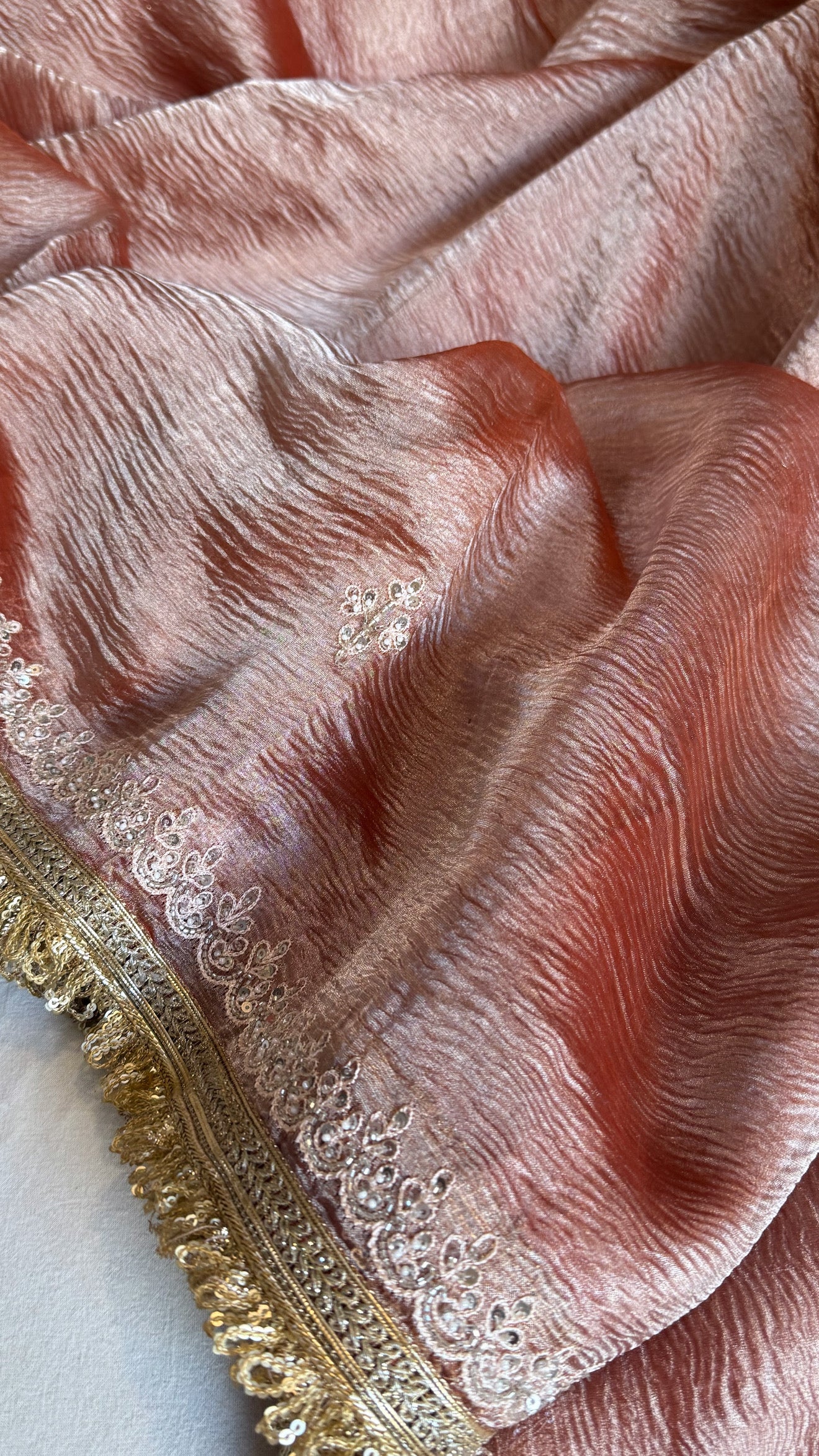 Crushed rose peach tissue silk hand embroidered kadhwa saree