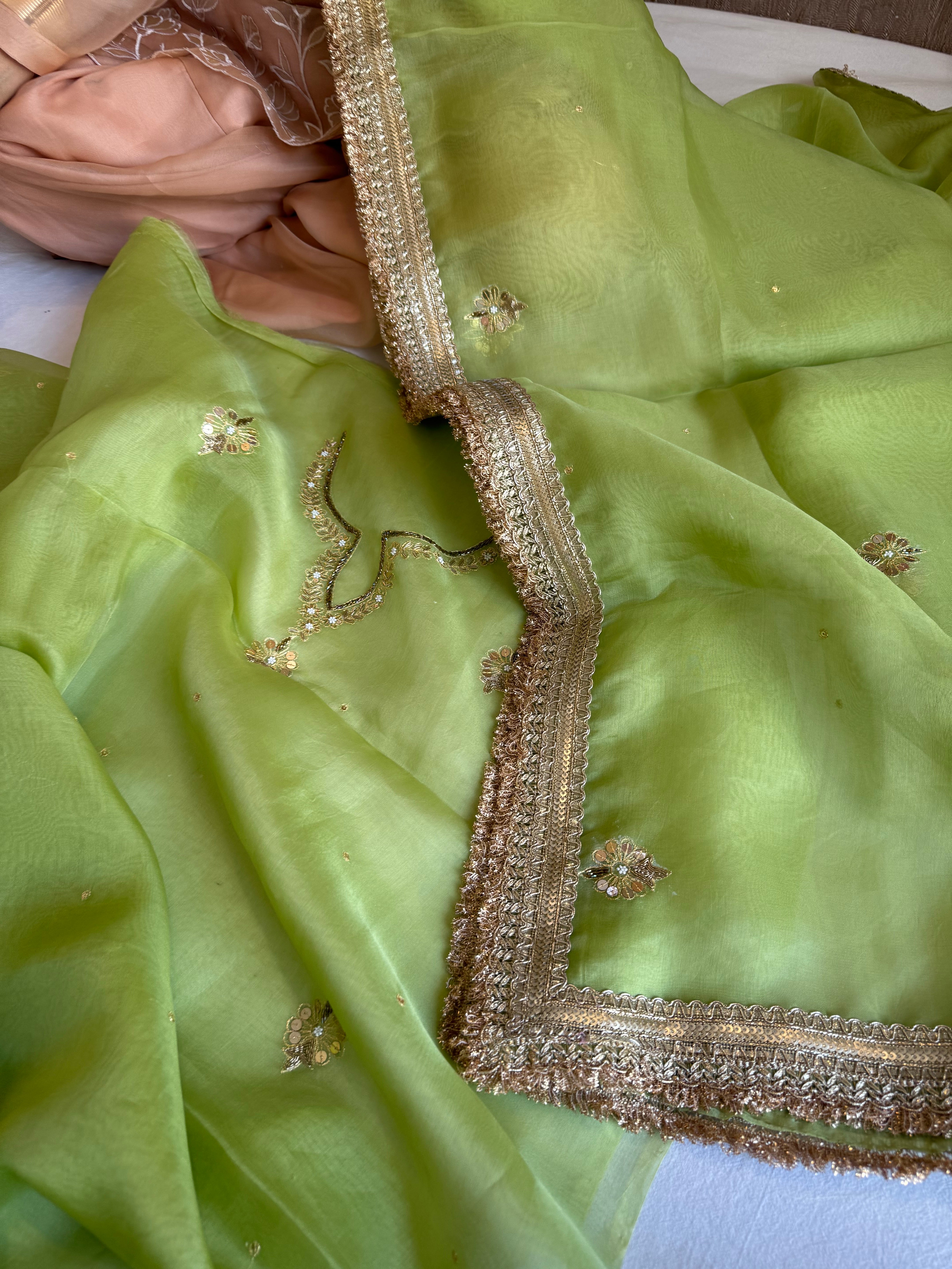 Aari and tilli kora silk hand embroidered grass green kadhwa suit set