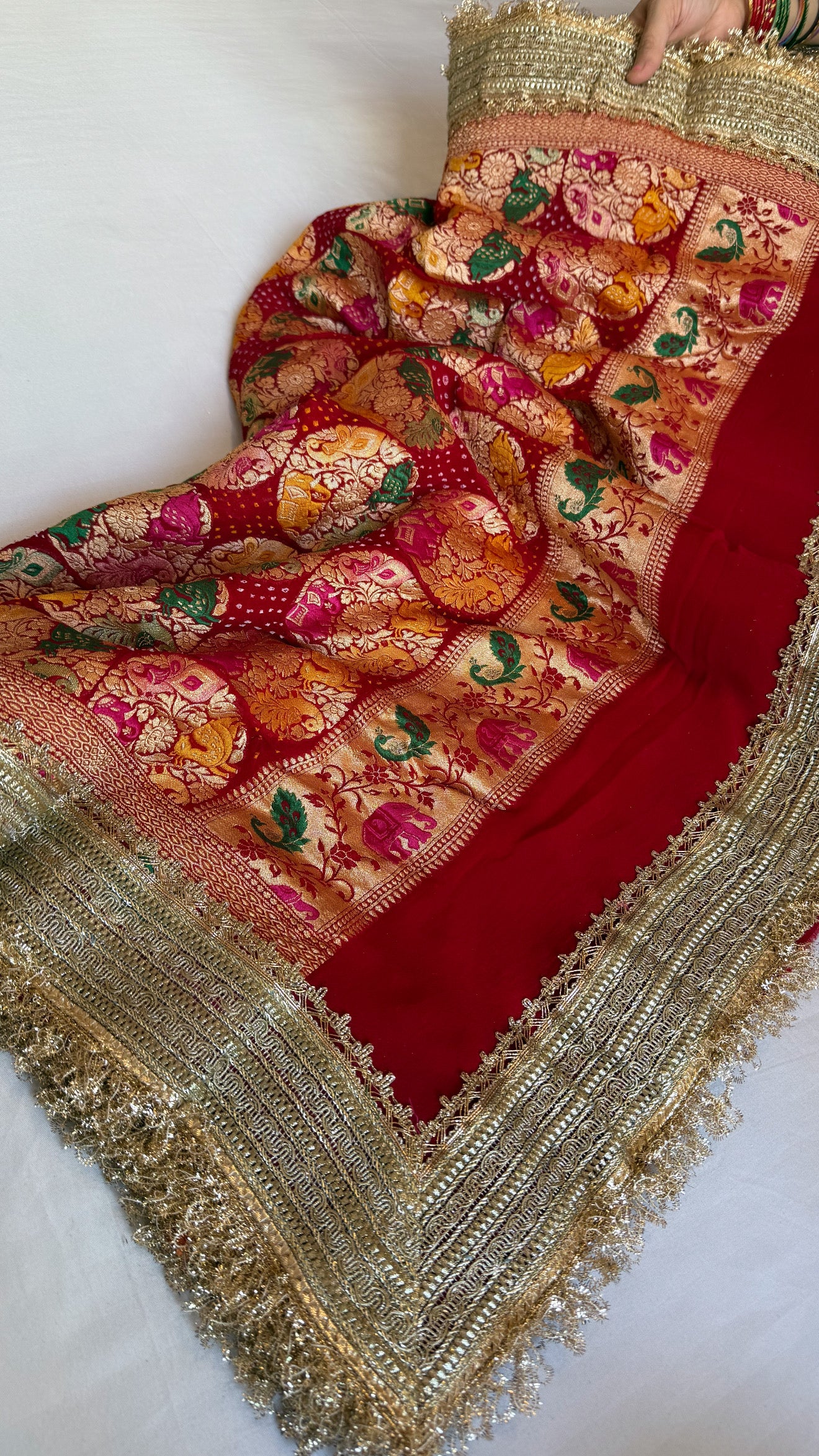 Shikargah edit - Rai-bandhej meenakari kadhwa shikargah gotapatti saree