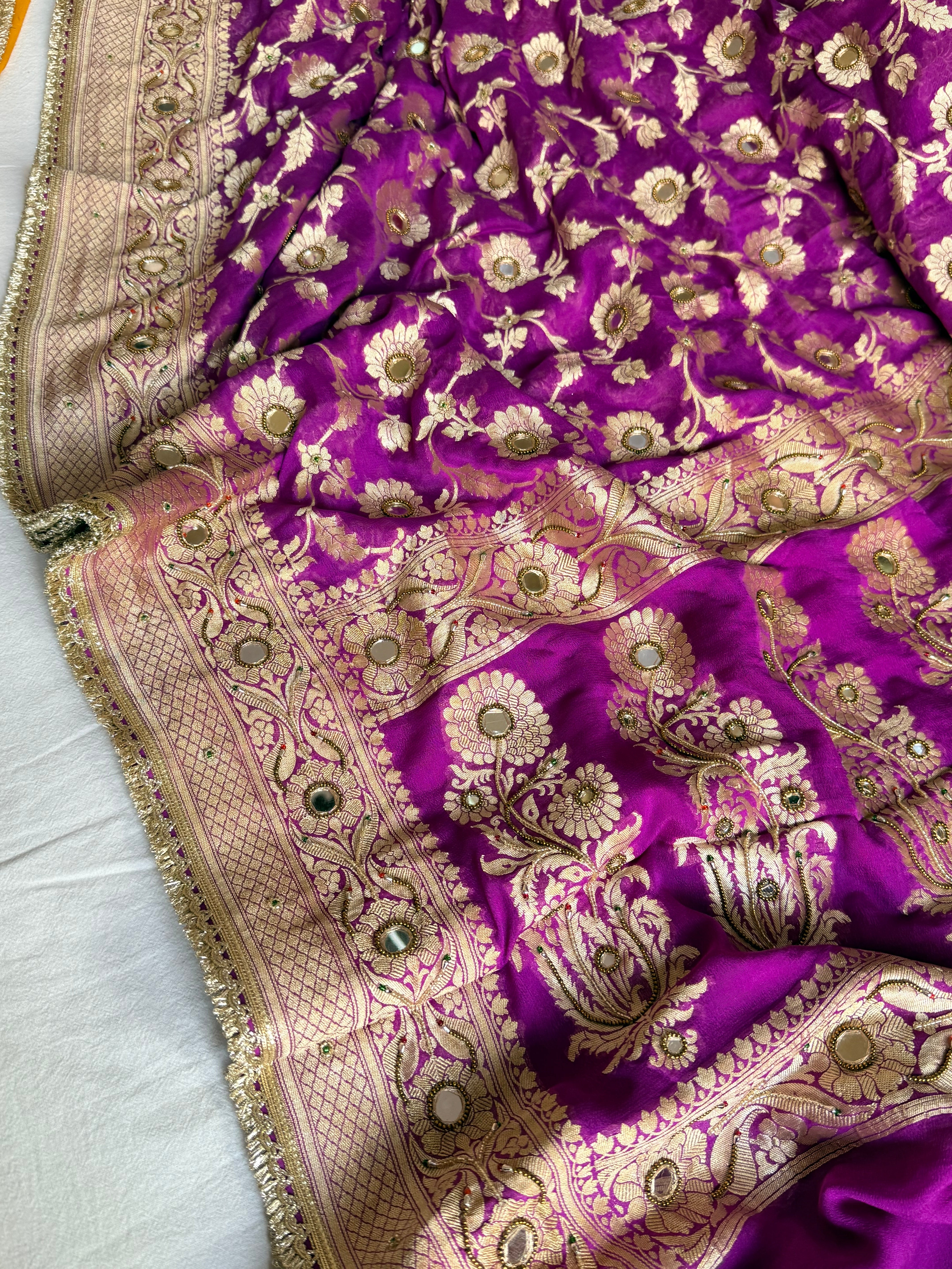 Banarasi chiffon gorgette kadhwa weaving hand embroidered saree