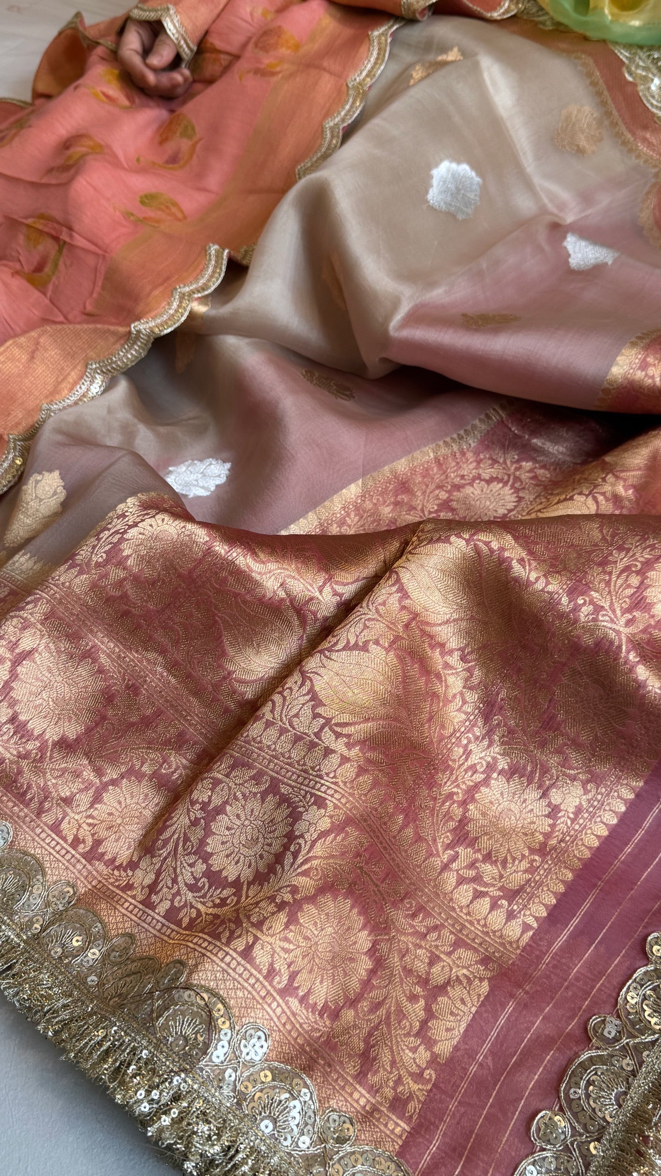 Kora silk chap dye contrast border kadhwa saree paired with moonga silk duppata