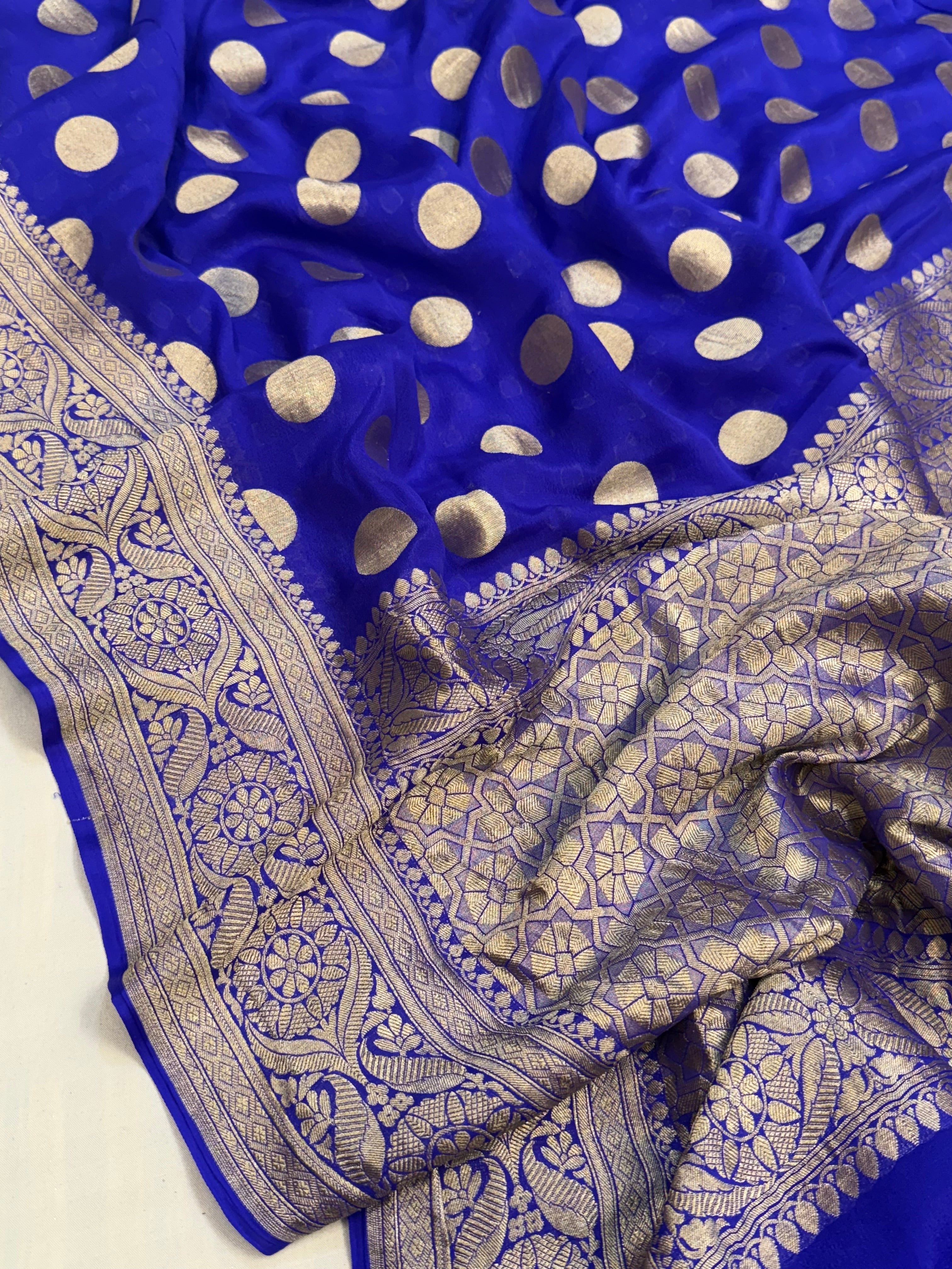 Ink blue banarasi gorgette round buti kadhwa saree
