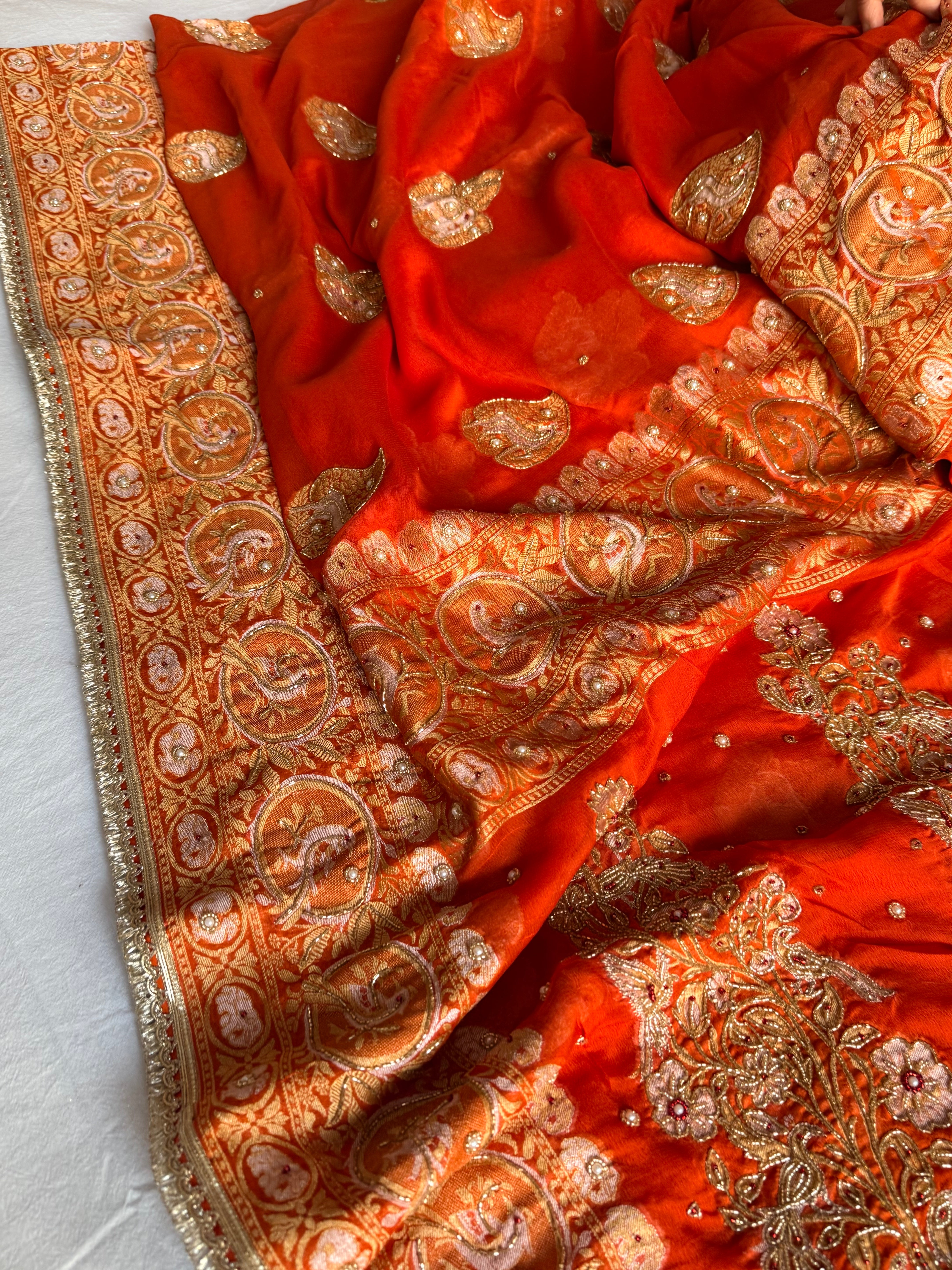 Banarasi chiffon gorgette kadhwa weaving hand embroidered saree