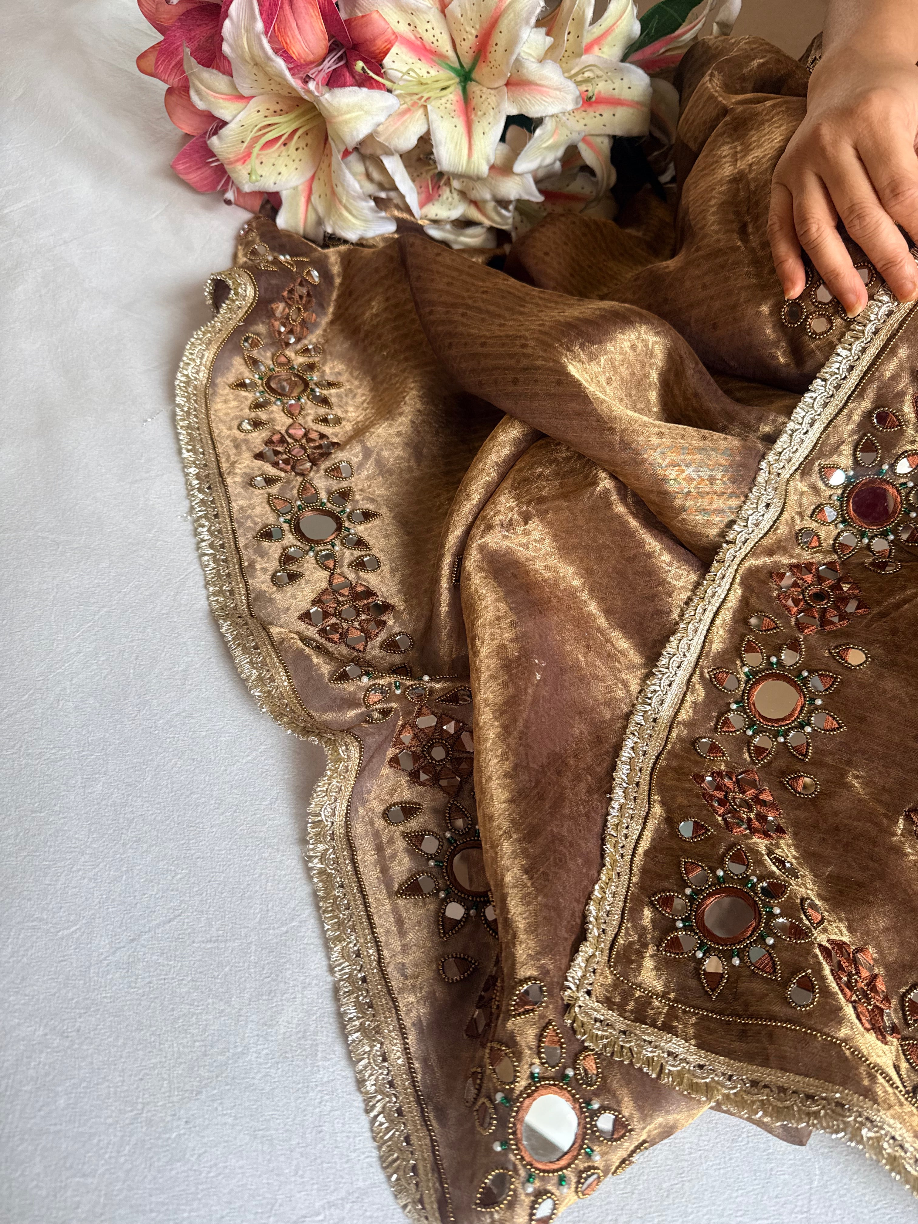 Chocolate brown tissue silk mirrorwork hand embroidered kadhwa saree
