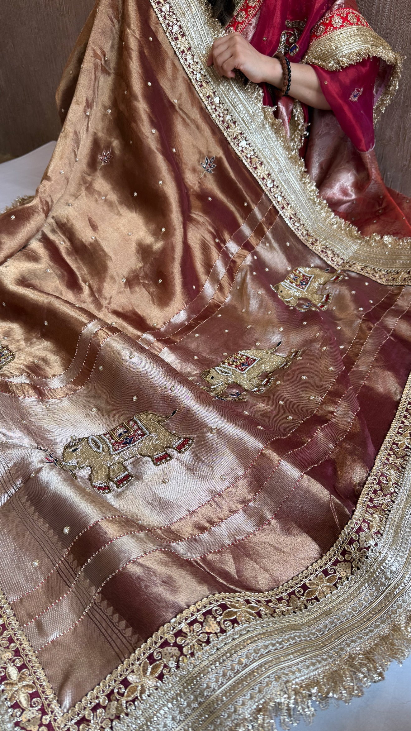 Elephant motif brown tissue silk hand embroidered husn saree