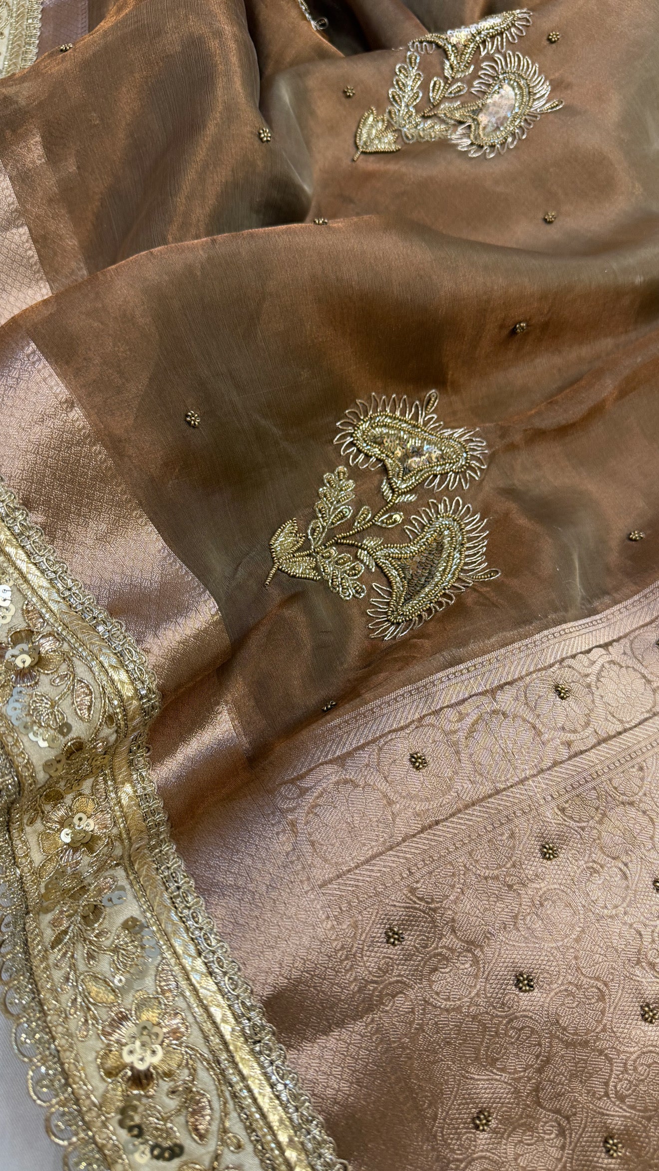 Cocktail wali saree - Dusty beige tissue silk heavy hand embroidered saree