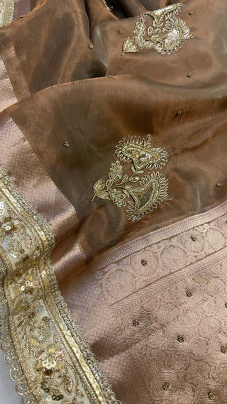 Cocktail wali saree - Dusty beige tissue silk heavy hand embroidered saree