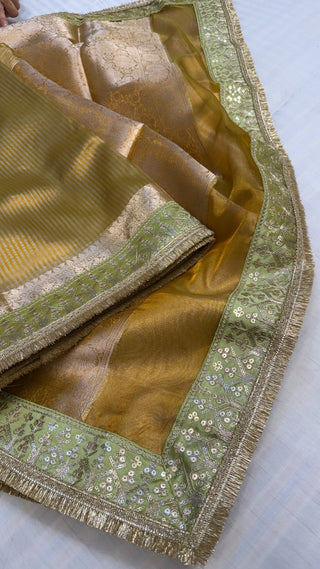 Lime green maharani tissue silk meenakari border saree