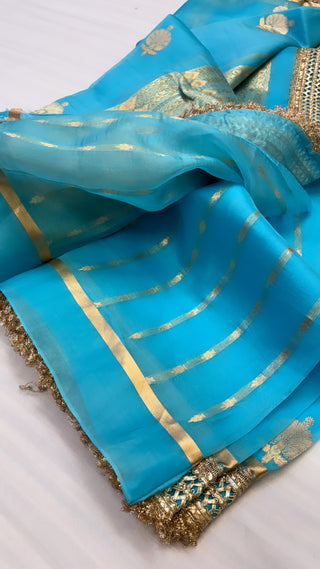 Neela samundar shade leela kora silk kadhwa buti saree