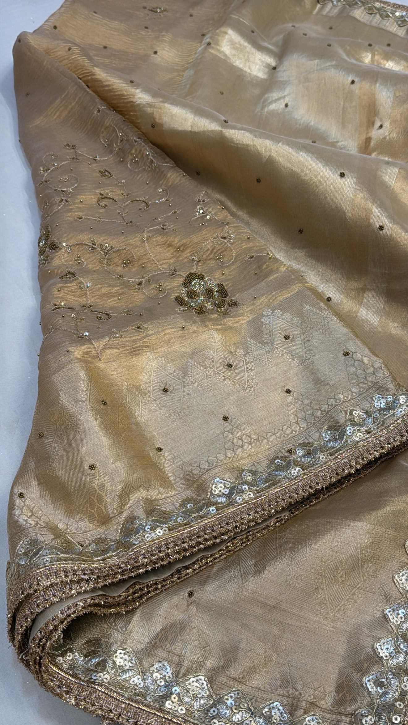 Golden husn tissue silk hand embroidered kadhwa saree with gotapatti work