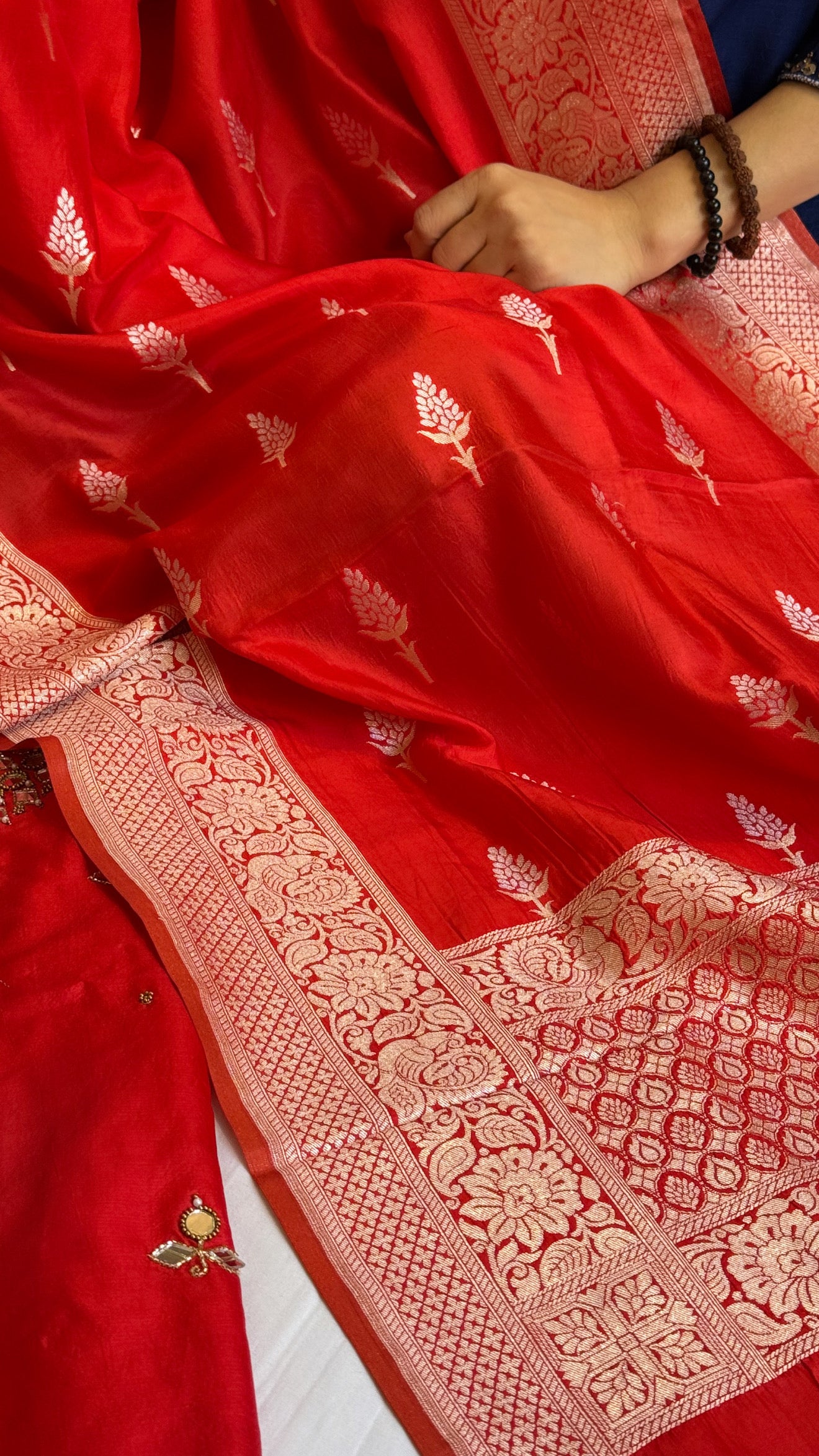 Sheesham blood red mirror work hand embroidered katan silk suit set