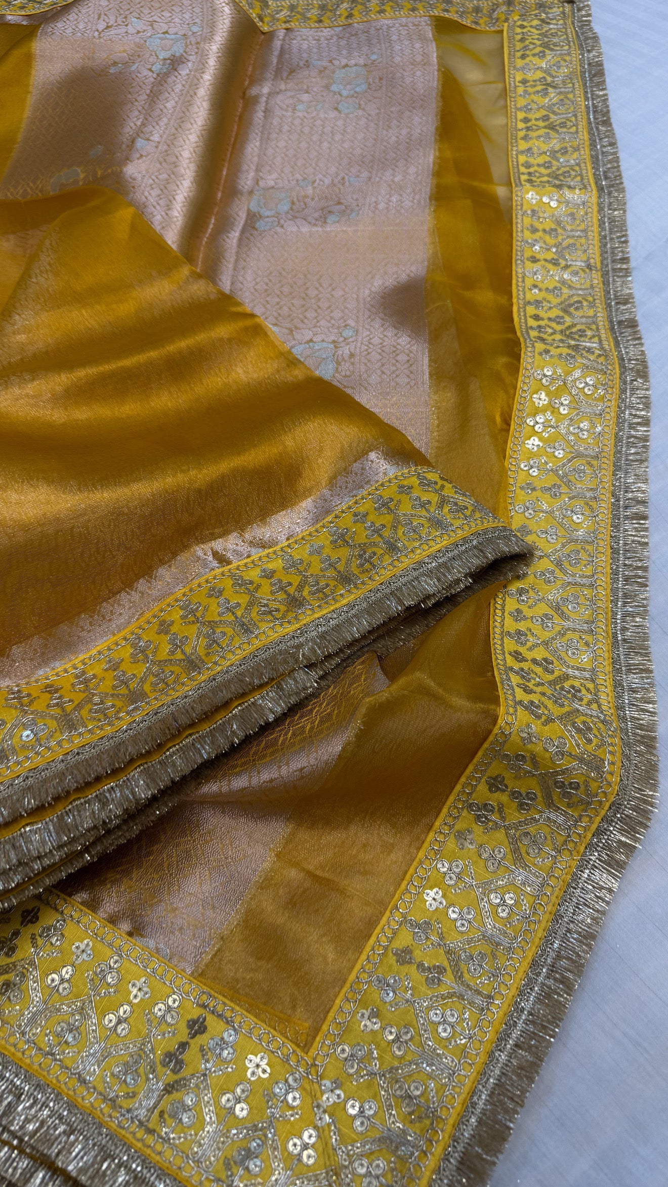 Mustard gold maharani tissue silk meenakari border saree