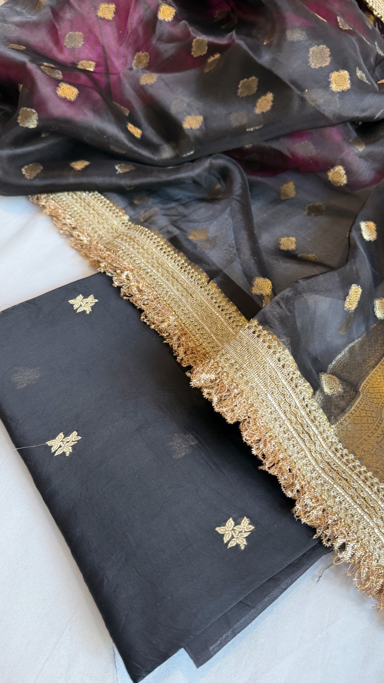 Black kora silk kadhwa gotapatti buti suit set