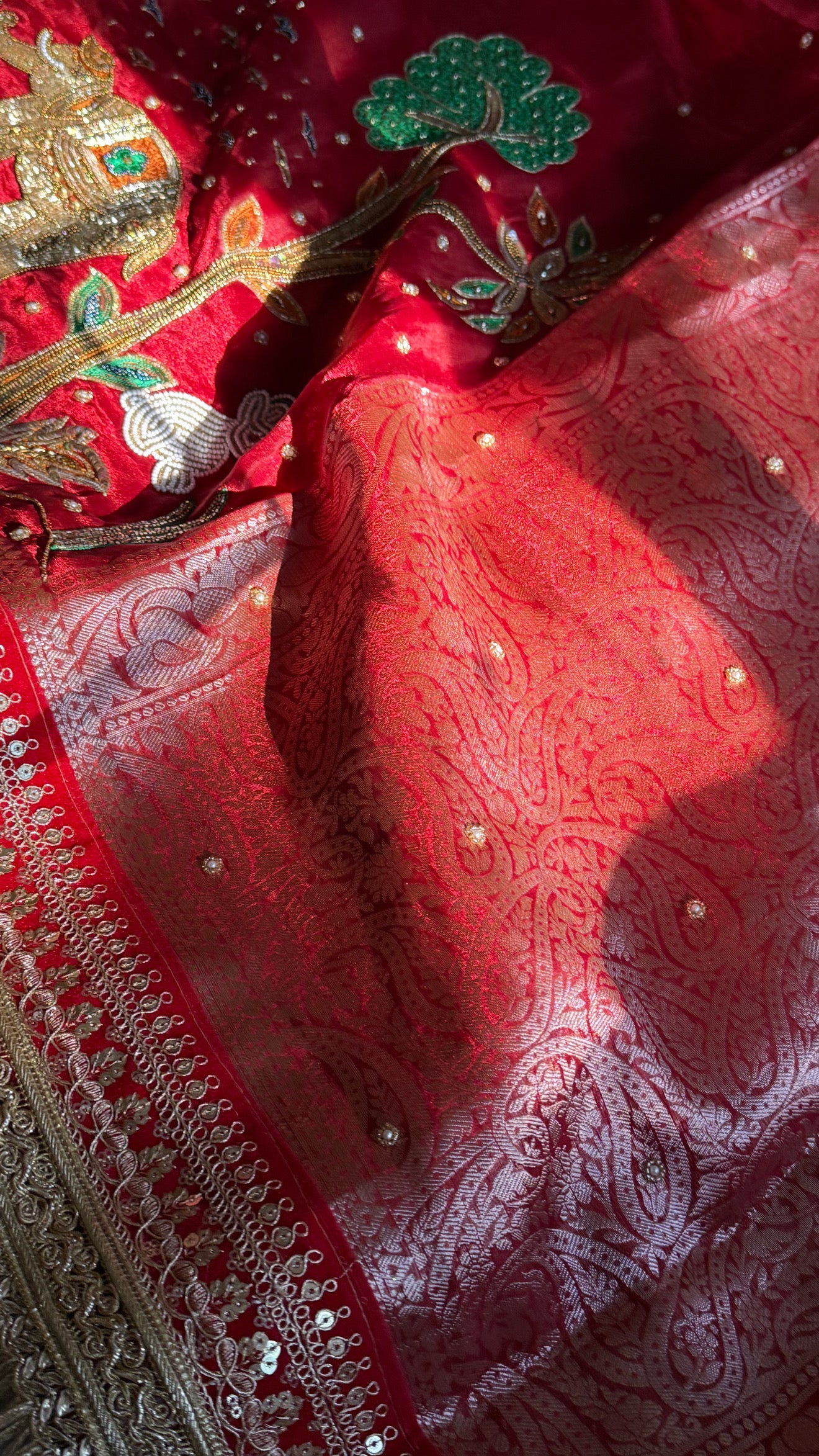 Teej special - Tomato blood red tissue silk elephant motif hand embroidered kadhwa saree