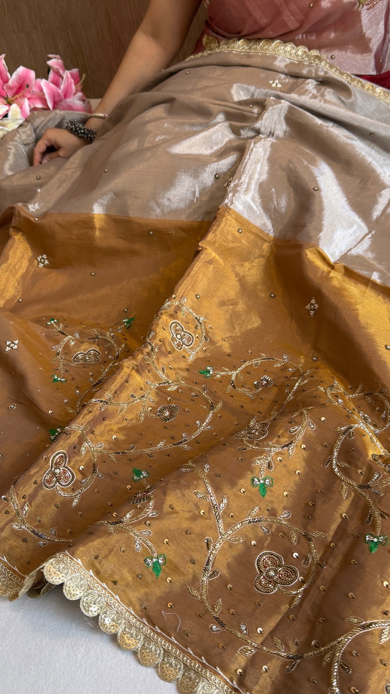 Satin tissue silk molten gold-silver hand embroidered banarasi saree