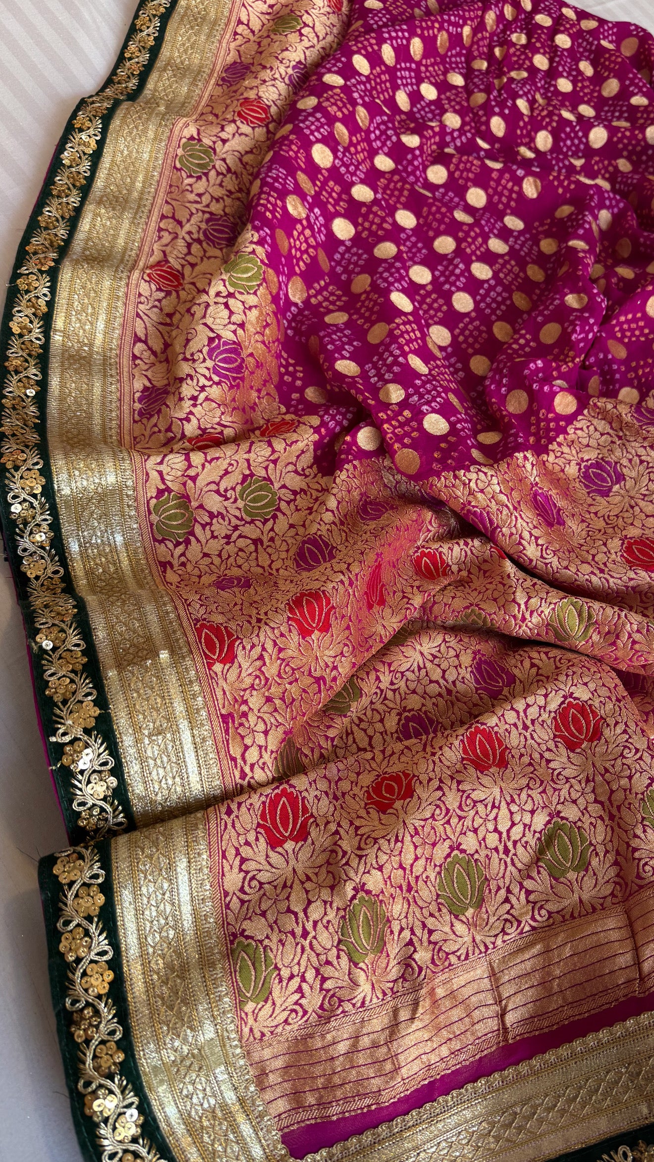 Magenta purple banarasi bandhej gorgette kadhwa meenakari saree