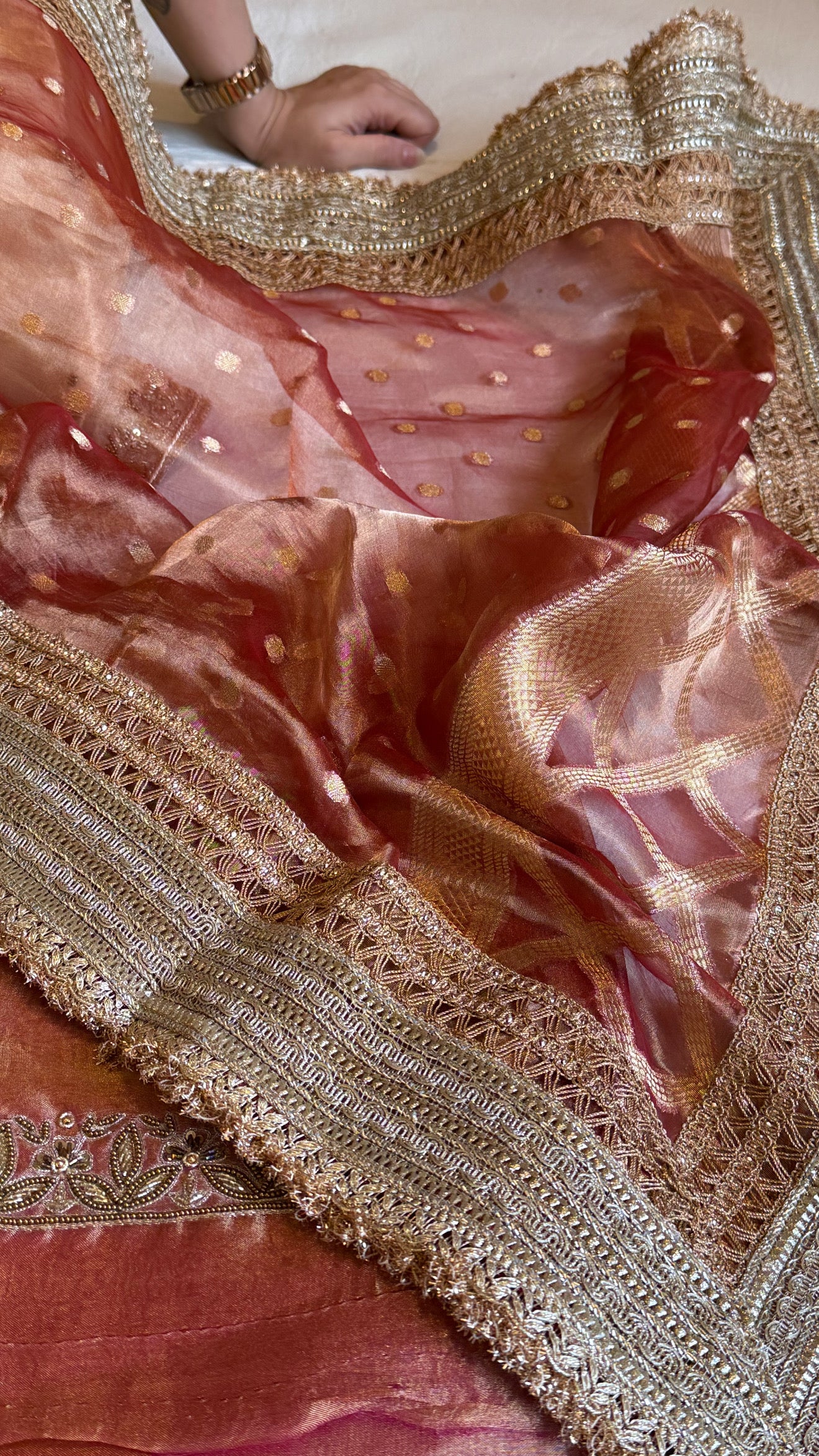 Gajri pinkish red tissue silk heeramandi hand embroidered kadhwa suit set