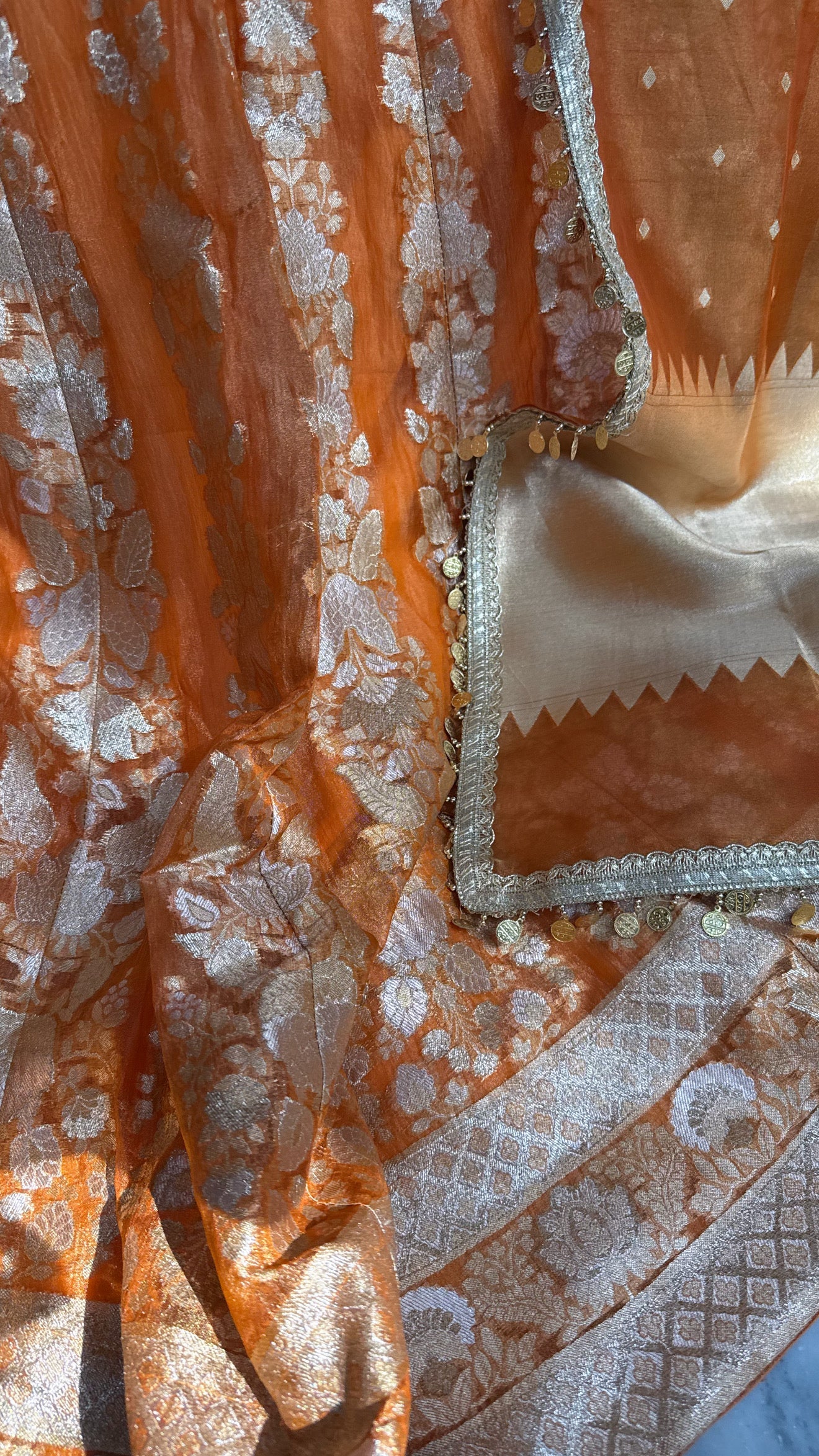 Fanta orange tissue silk kali wala lehenga set