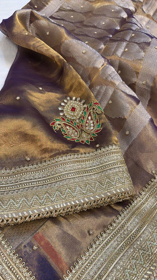 Dulhan wali saree - Royal purple-gold dhup chao effect tissue silk hand embroidered saree