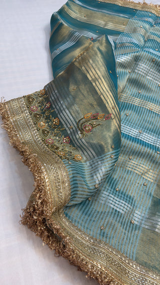 Cocktail wali saree — Aqua blue tissue silk hand embroidered saree