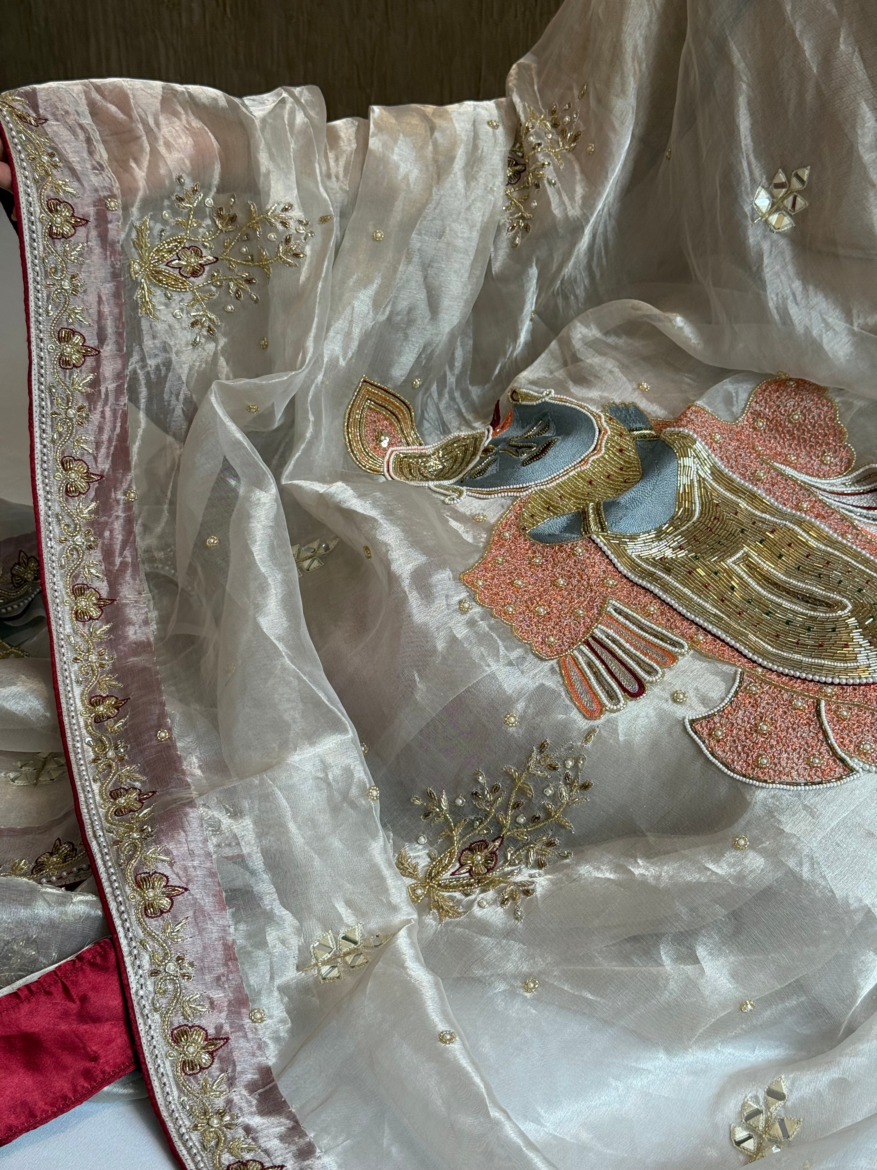 Radhika merchant inspired shreenathji motif diamond tissue silk hand embroidered saree